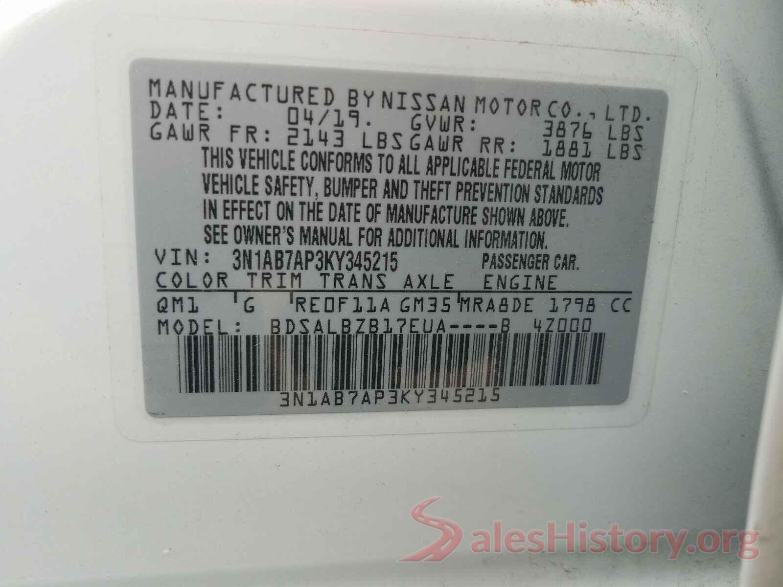 3N1AB7AP3KY345215 2019 NISSAN SENTRA