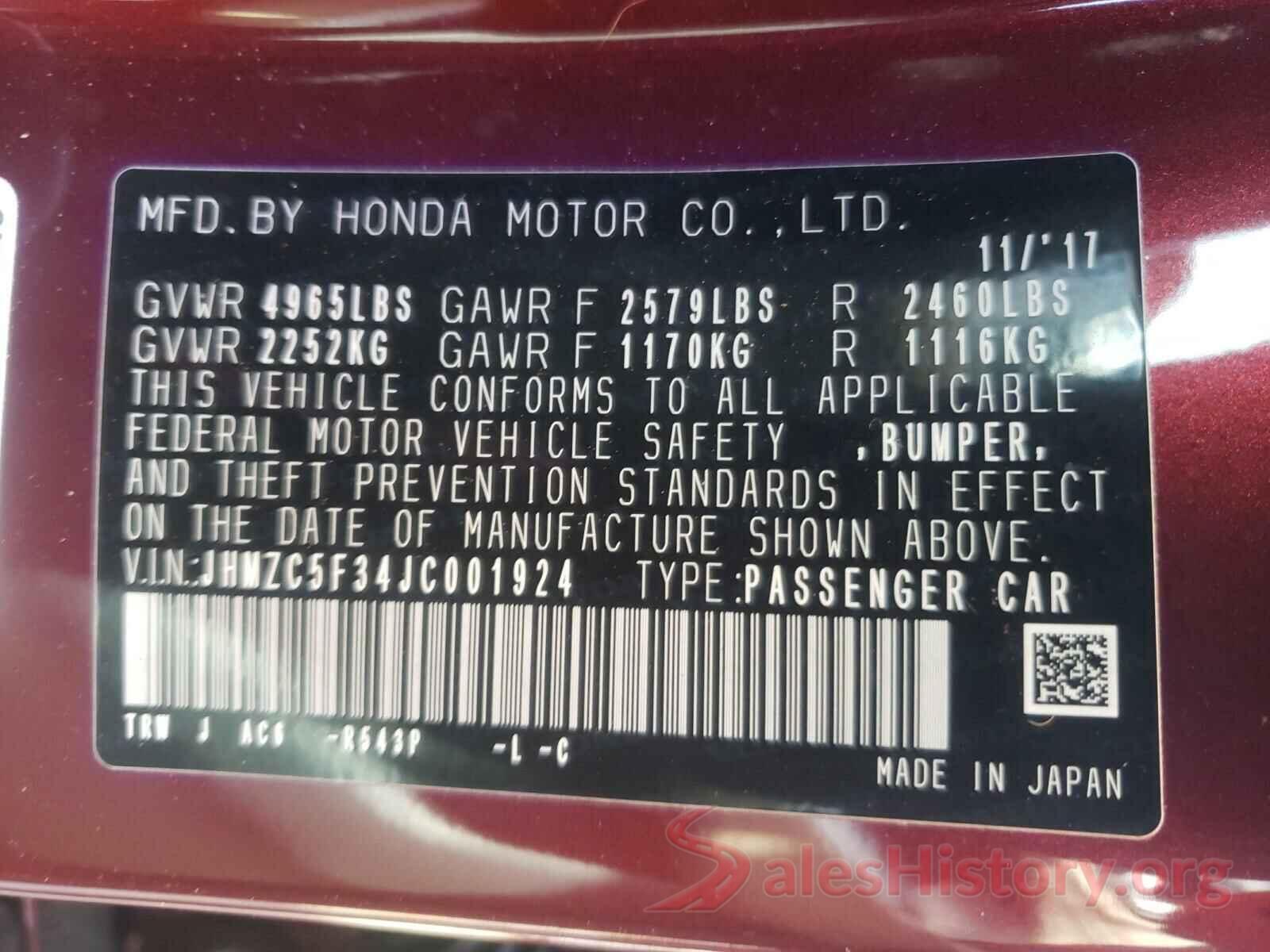 JHMZC5F34JC001924 2018 HONDA CLARITY