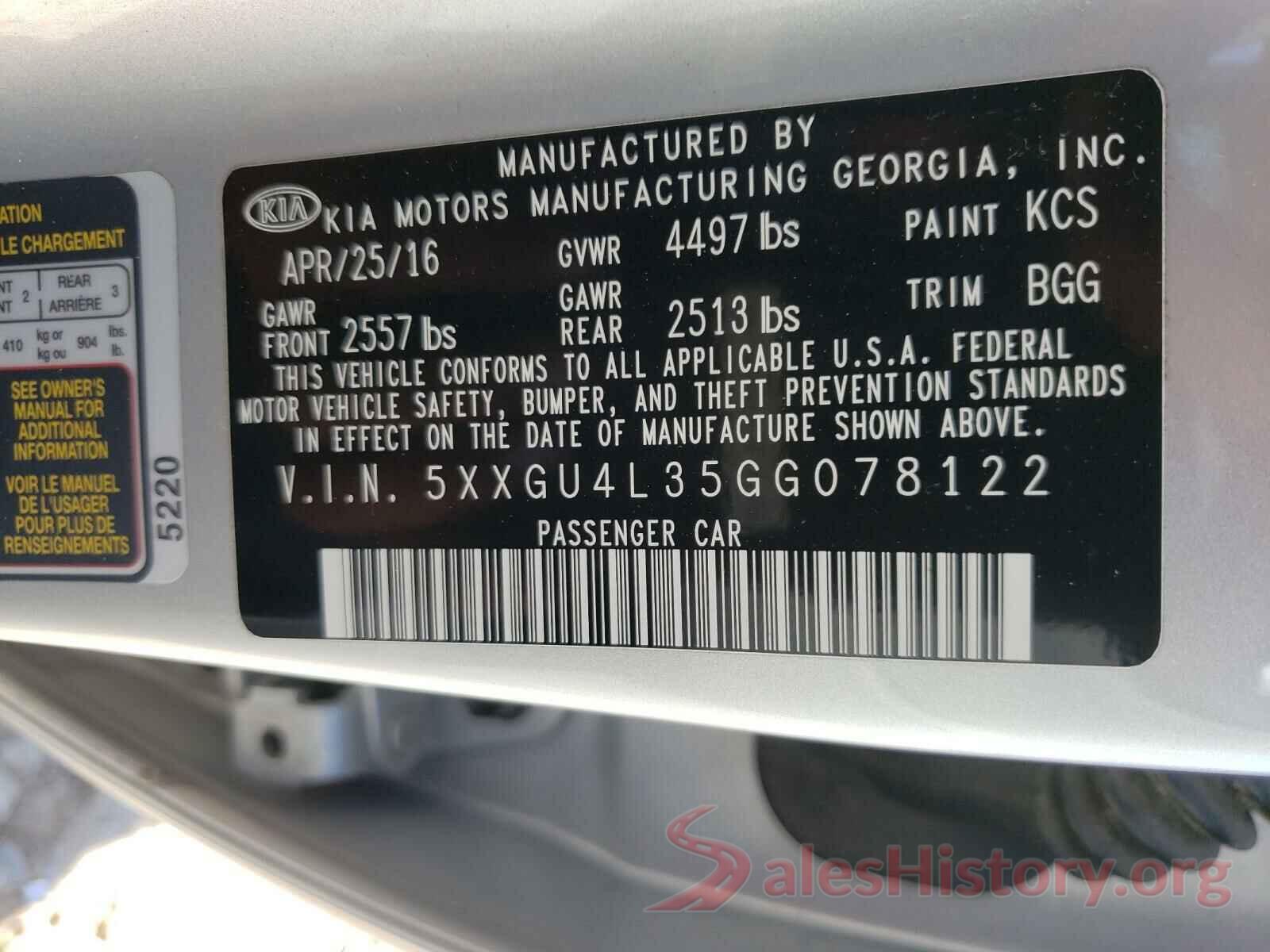 5XXGU4L35GG078122 2016 KIA OPTIMA