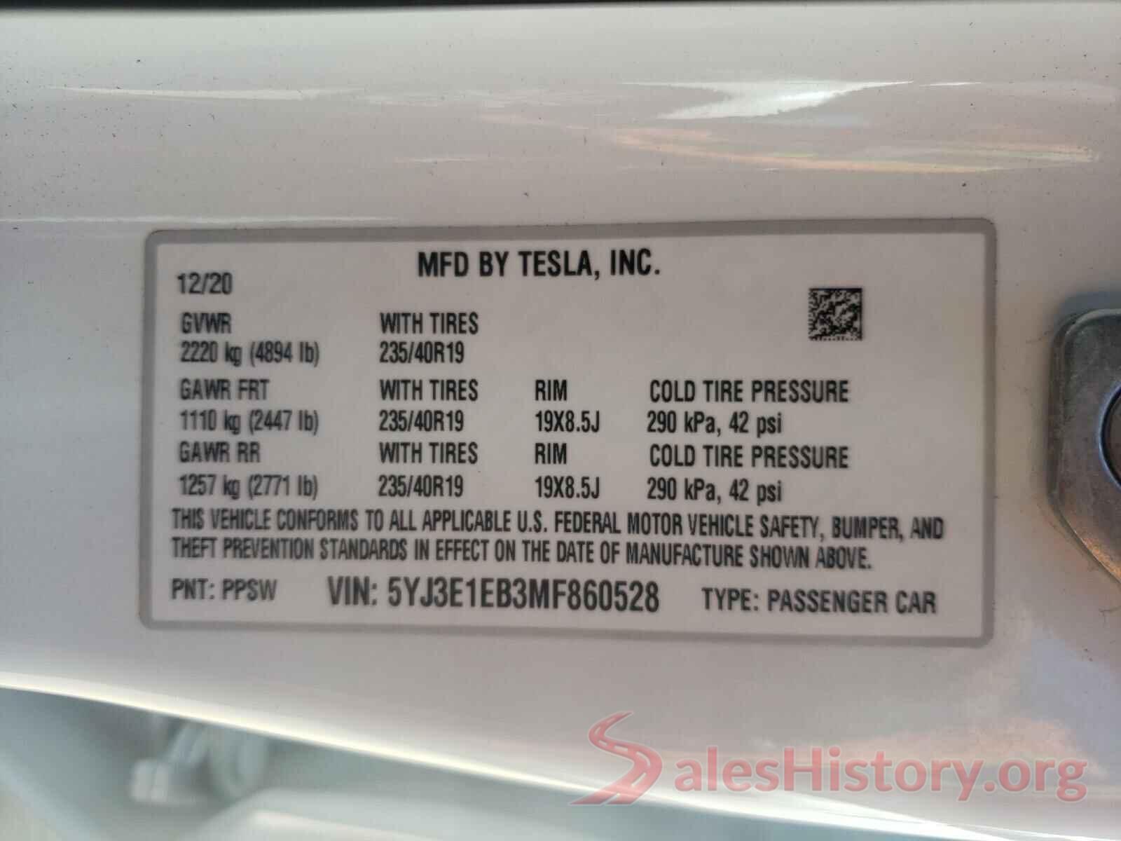 5YJ3E1EB3MF860528 2021 TESLA MODEL 3