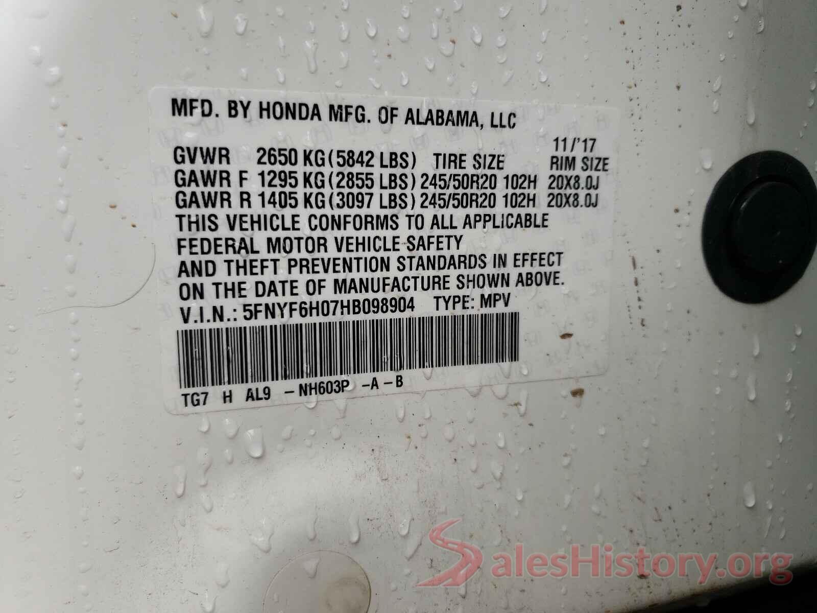 5FNYF6H07HB098904 2017 HONDA PILOT