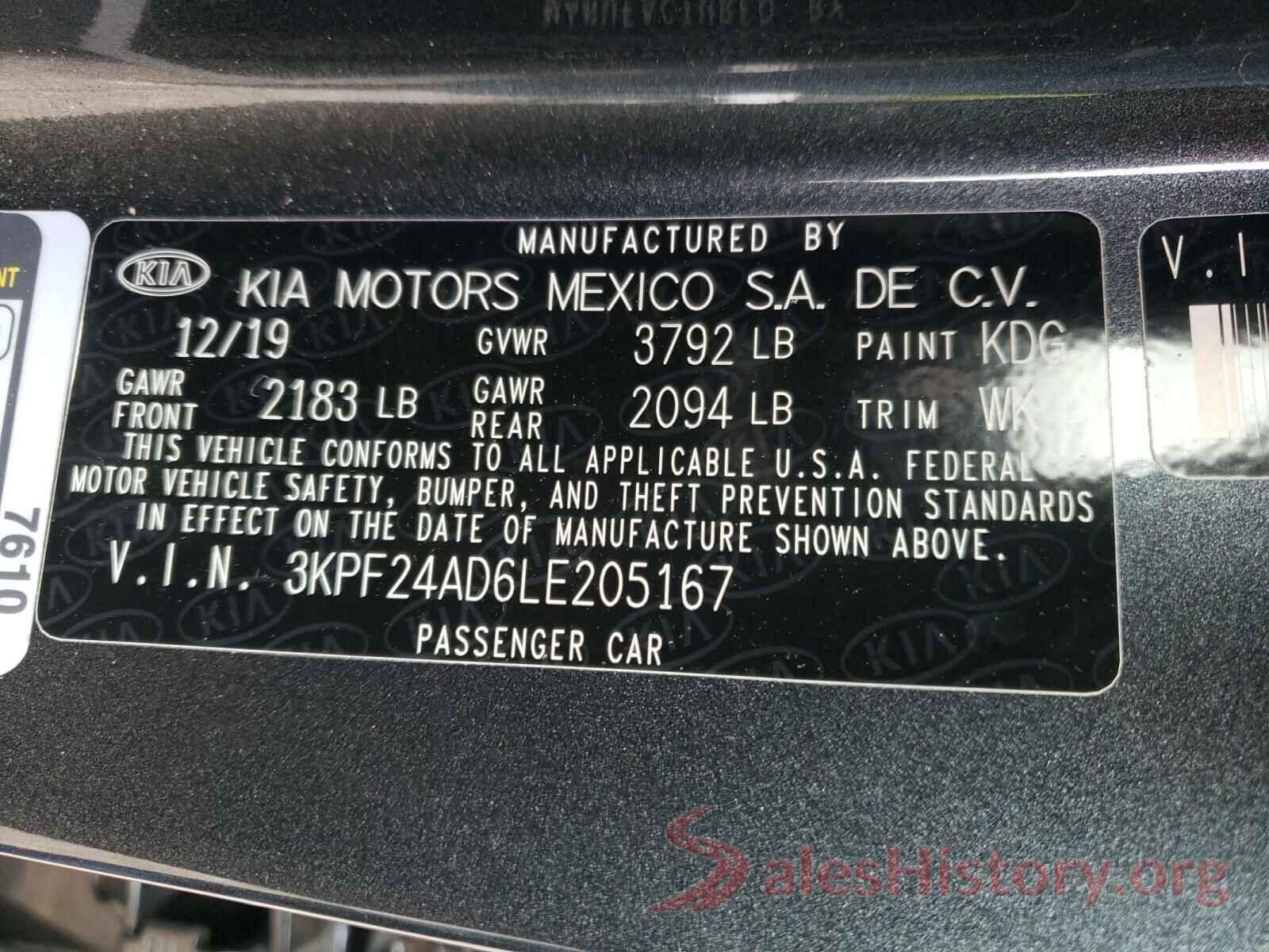 3KPF24AD6LE205167 2020 KIA FORTE