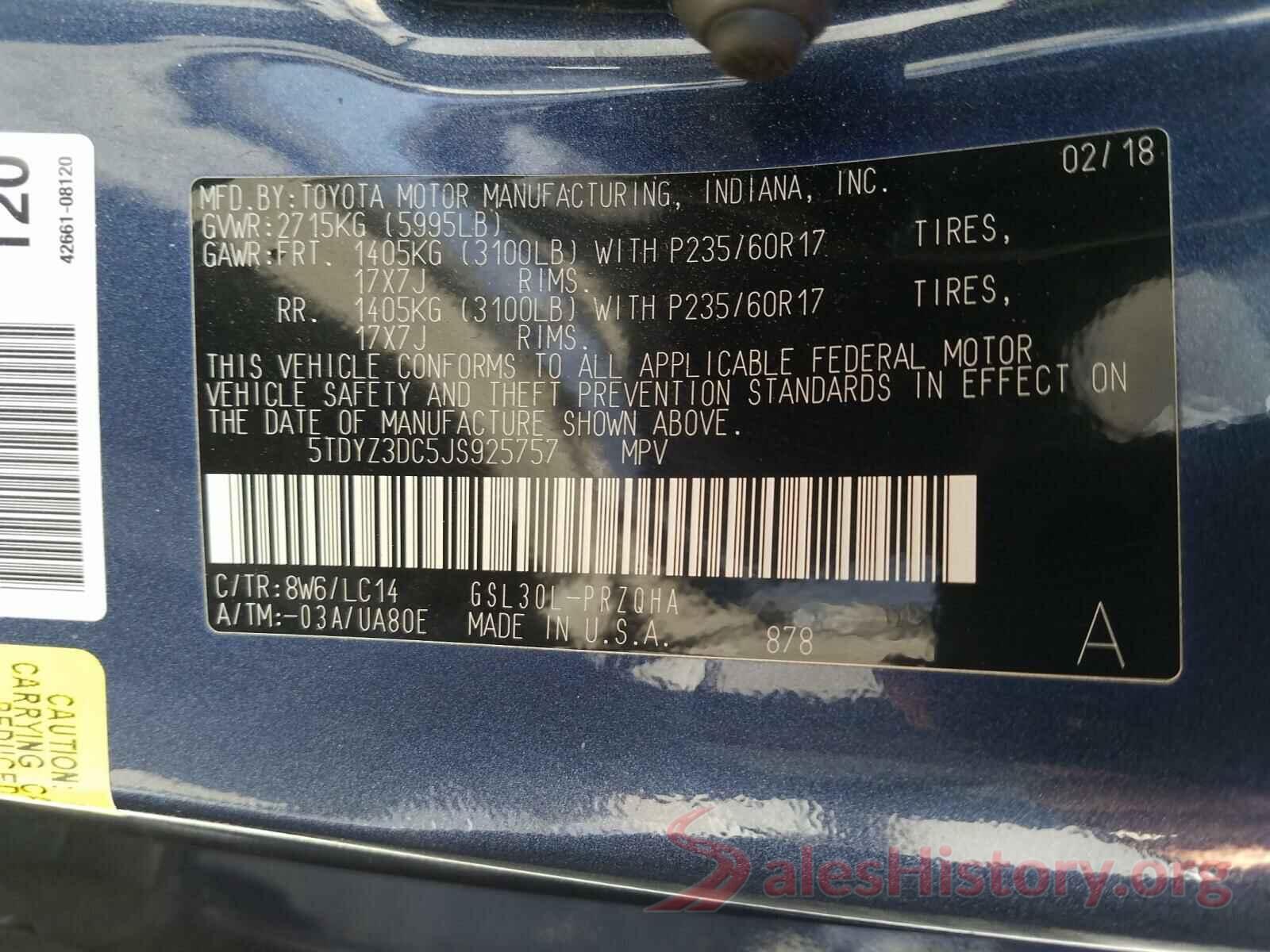 5TDYZ3DC5JS925757 2018 TOYOTA SIENNA