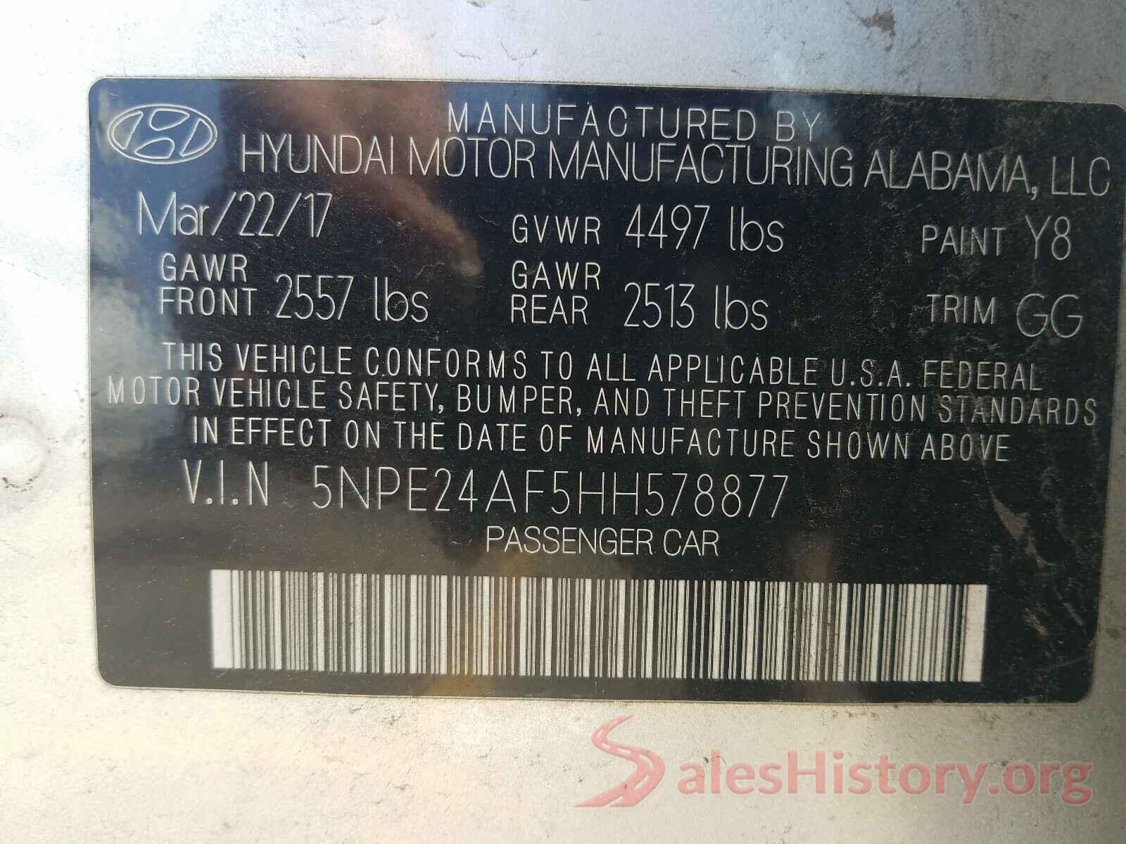 5NPE24AF5HH578877 2017 HYUNDAI SONATA