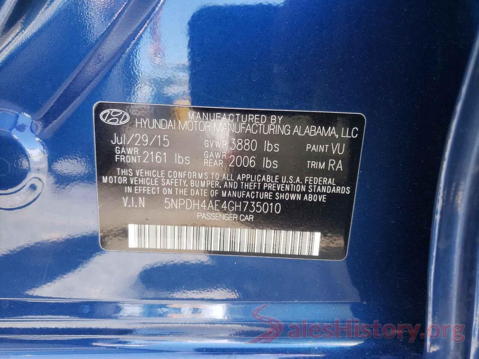 5NPDH4AE4GH735010 2016 HYUNDAI ELANTRA