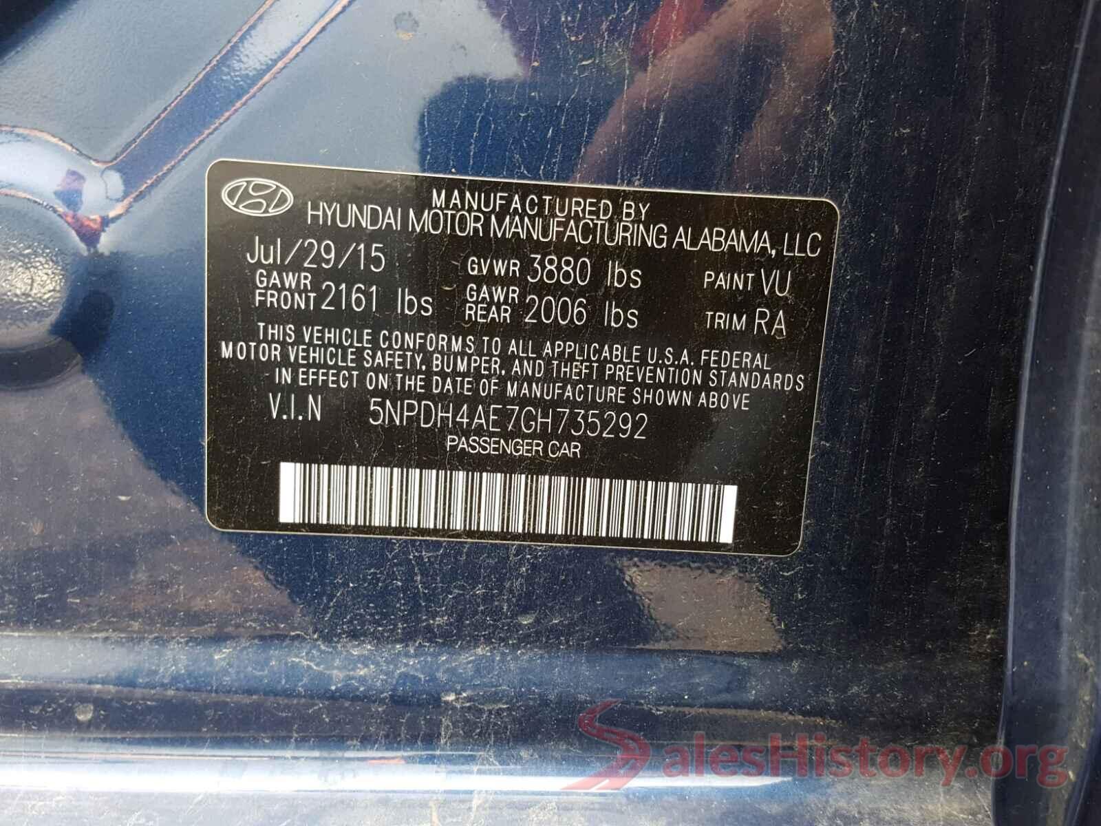 5NPDH4AE7GH735292 2016 HYUNDAI ELANTRA