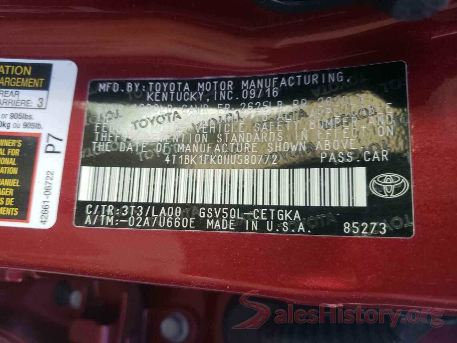 4T1BK1FK0HU580772 2017 TOYOTA CAMRY