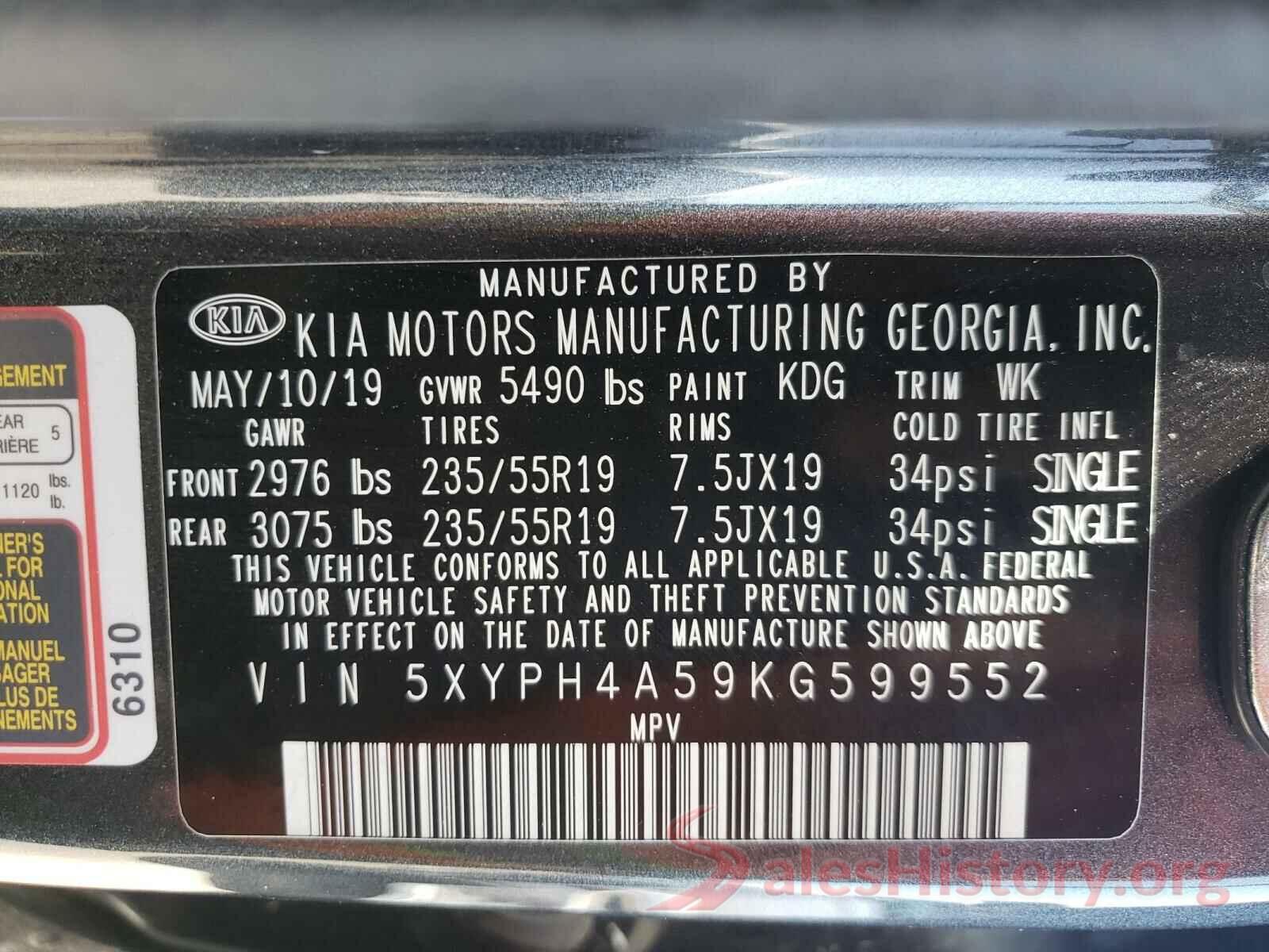 5XYPH4A59KG599552 2019 KIA SORENTO