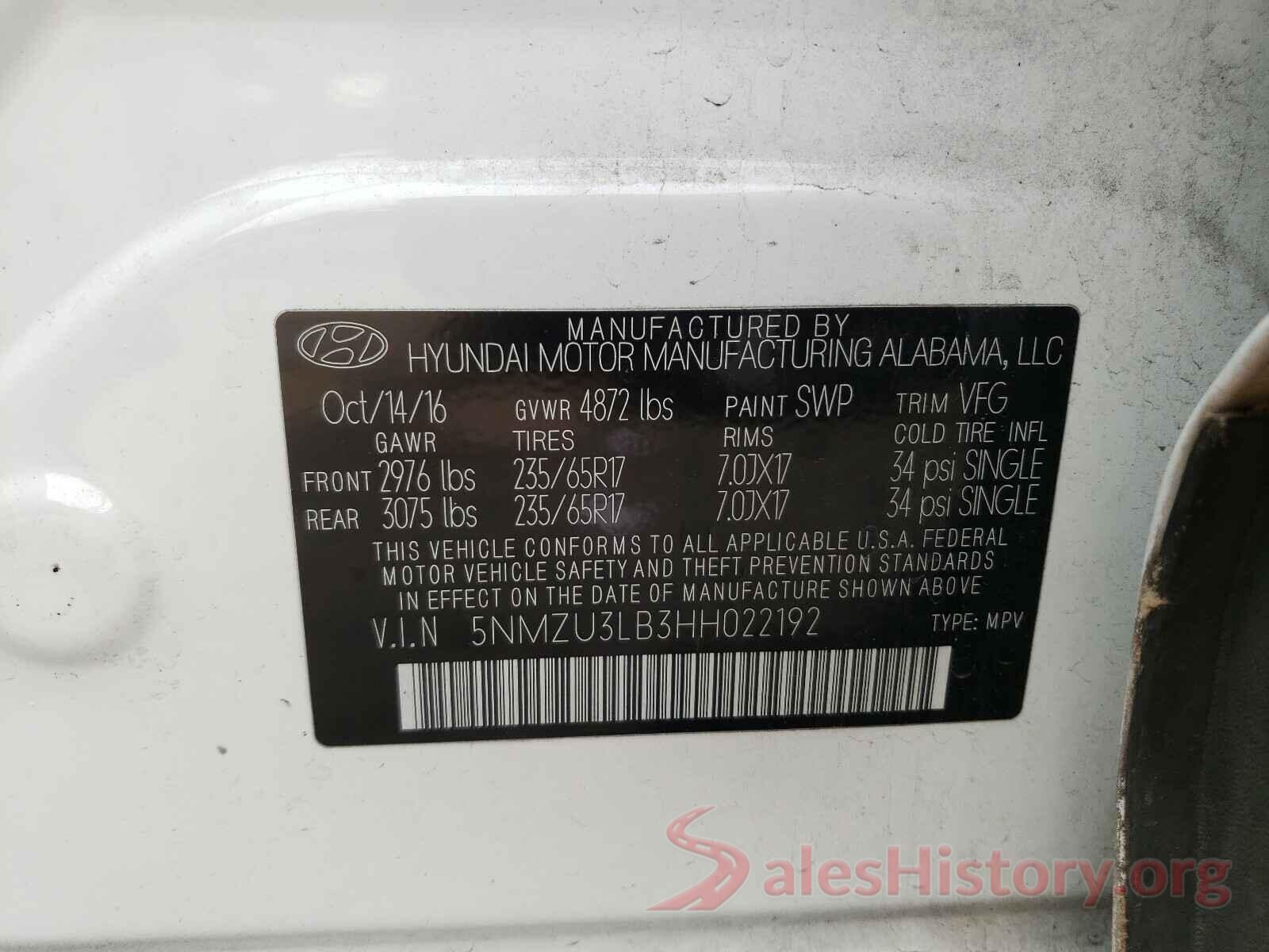 5NMZU3LB3HH022192 2017 HYUNDAI SANTA FE