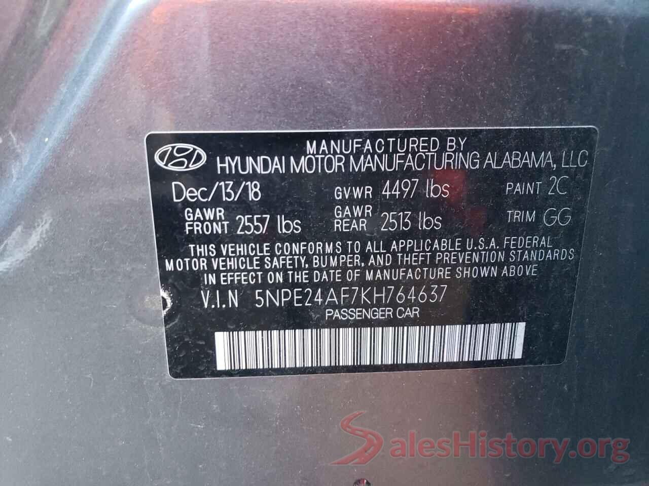 5NPE24AF7KH764637 2019 HYUNDAI SONATA