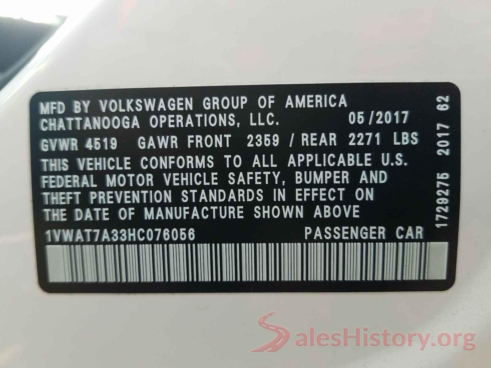 1VWAT7A33HC076056 2017 VOLKSWAGEN PASSAT