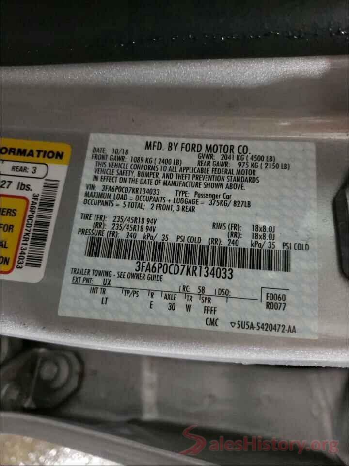 3FA6P0CD7KR134033 2019 FORD FUSION