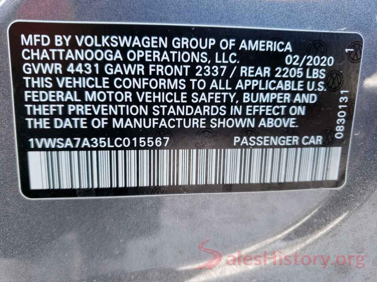 1VWSA7A35LC015567 2020 VOLKSWAGEN PASSAT