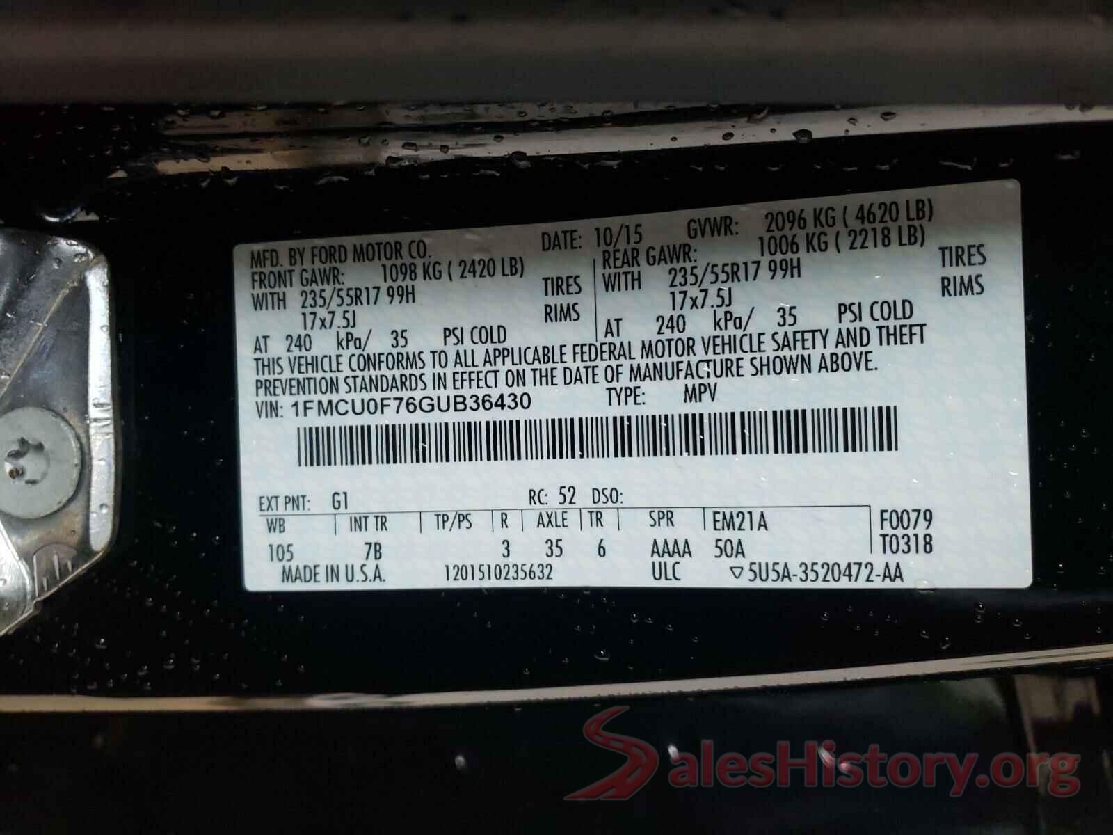 1FMCU0F76GUB36430 2016 FORD ESCAPE