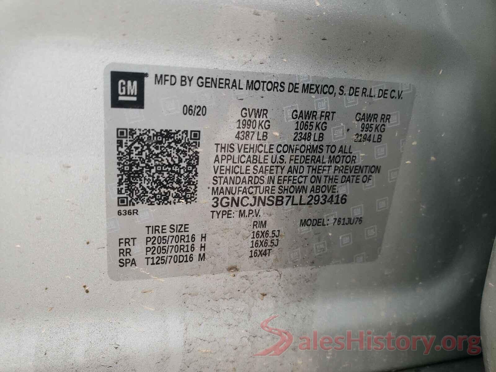 3GNCJNSB7LL293416 2020 CHEVROLET TRAX