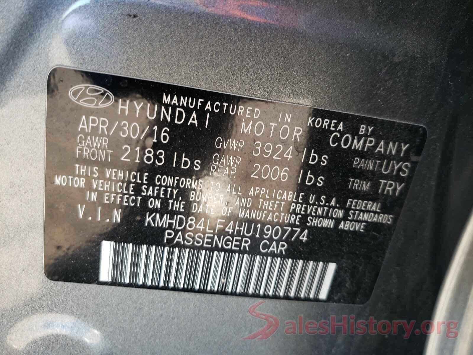 KMHD84LF4HU190774 2017 HYUNDAI ELANTRA