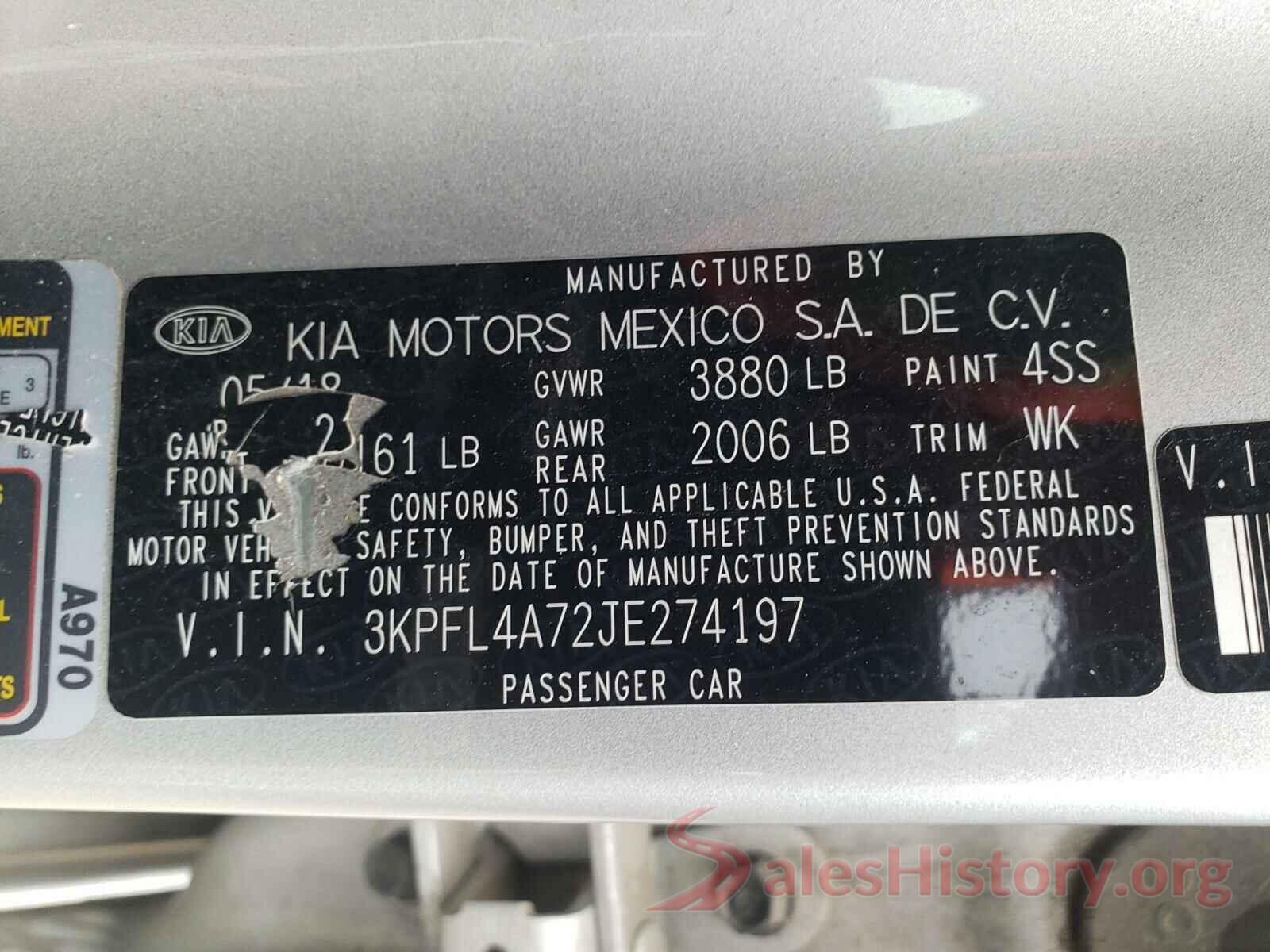 3KPFL4A72JE274197 2018 KIA FORTE