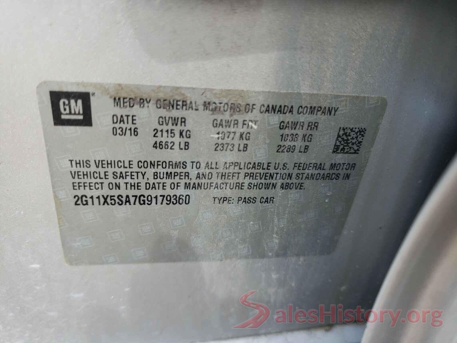 2G11X5SA7G9179360 2016 CHEVROLET IMPALA