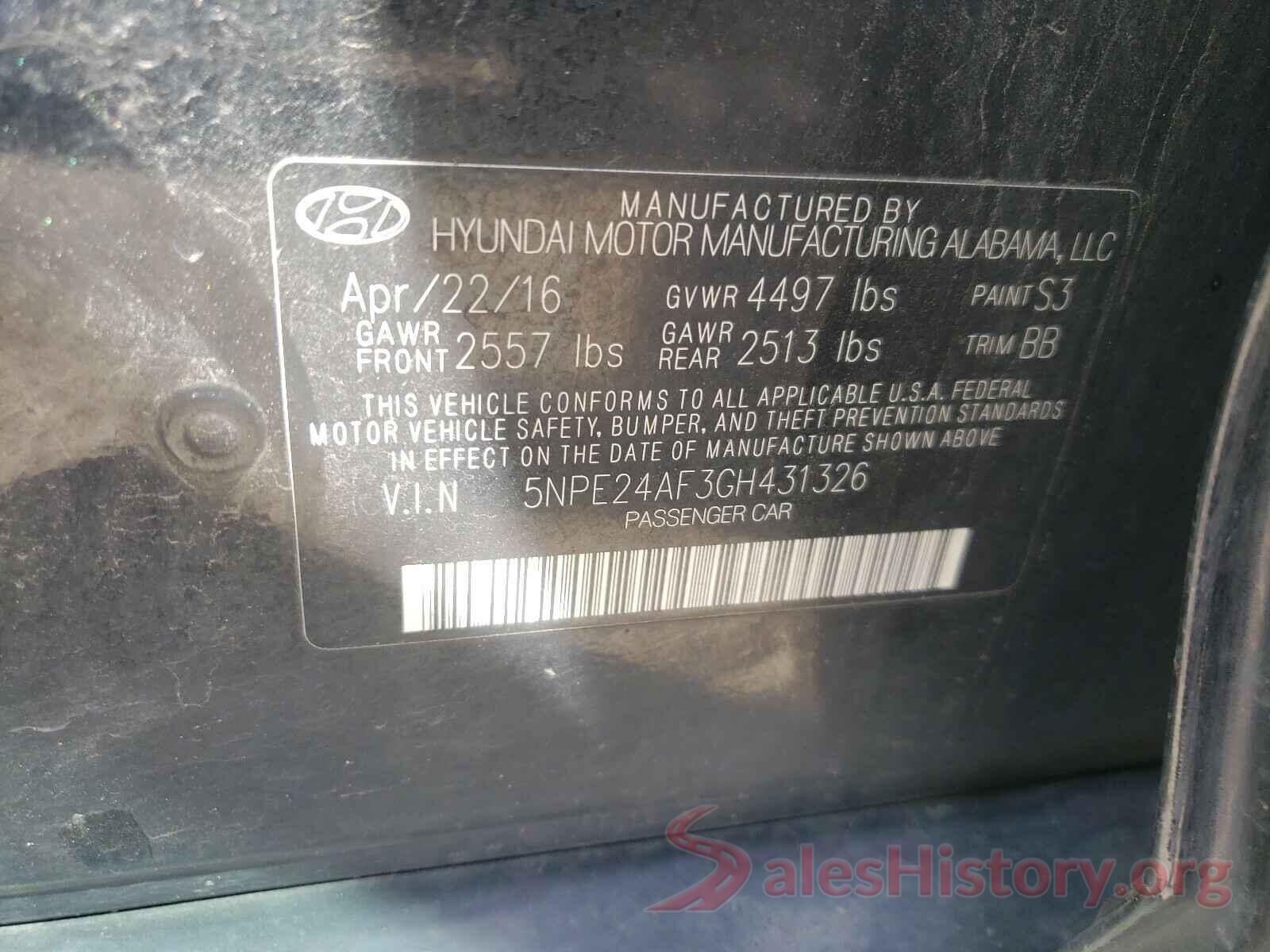 5NPE24AF3GH431326 2016 HYUNDAI SONATA