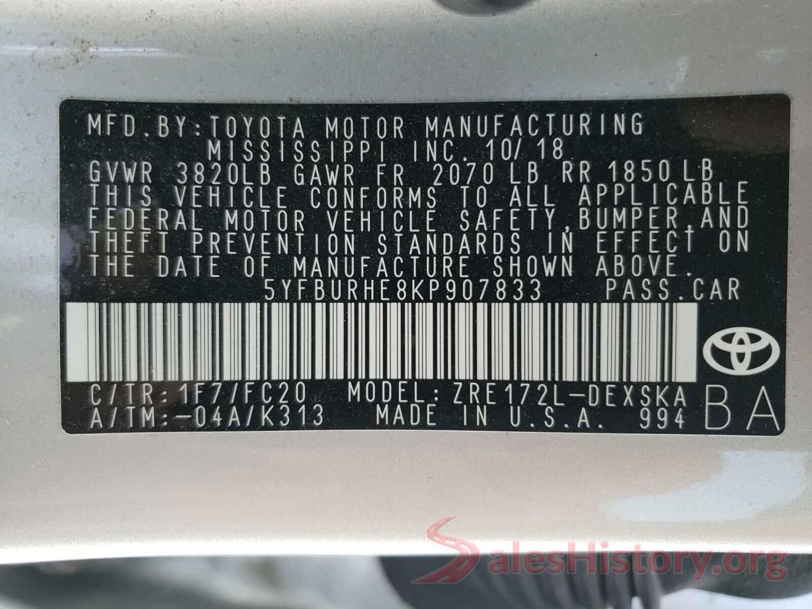 5YFBURHE8KP907833 2019 TOYOTA COROLLA