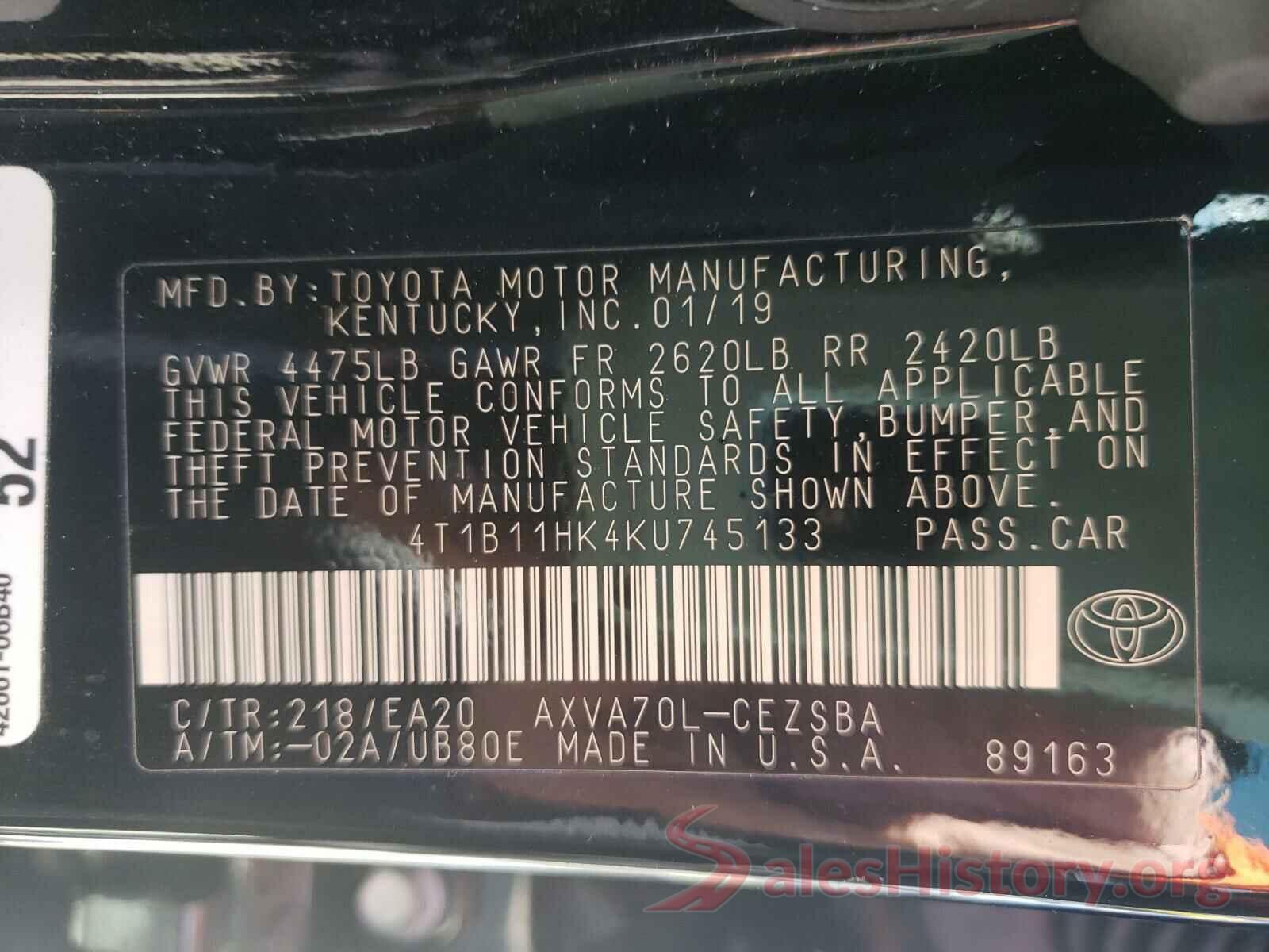 4T1B11HK4KU745133 2019 TOYOTA CAMRY