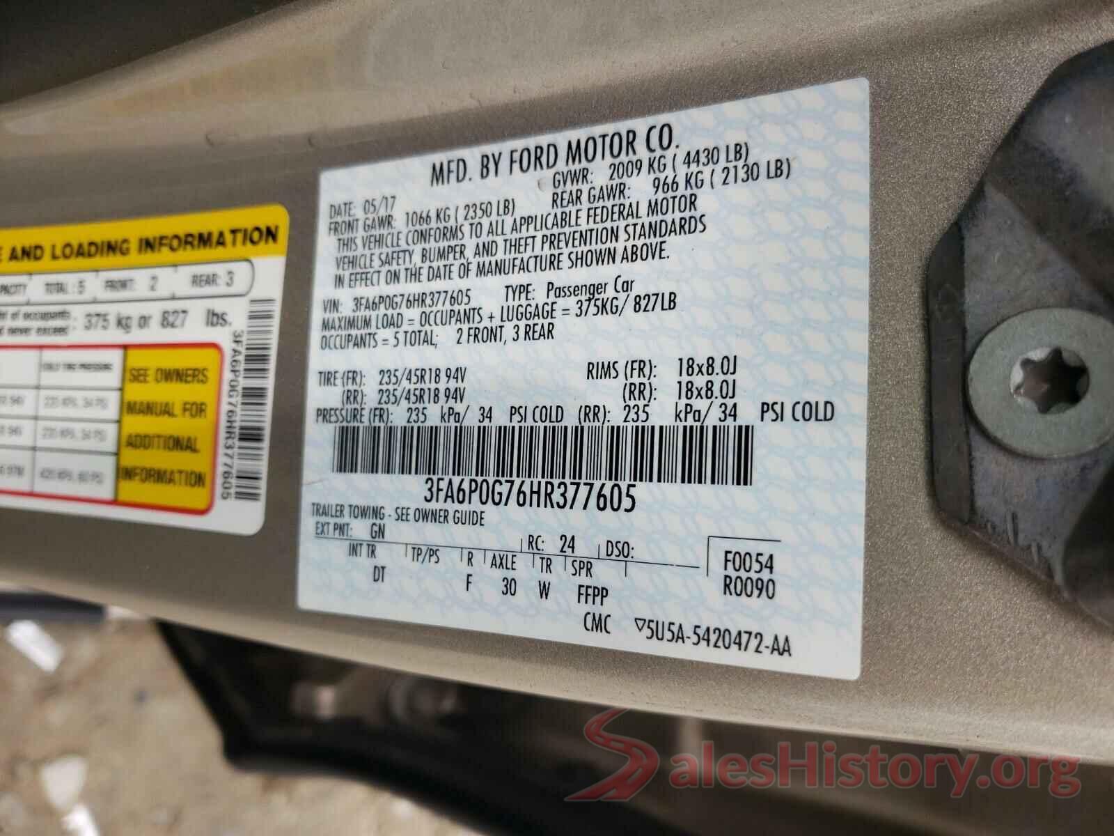 3FA6P0G76HR377605 2017 FORD FUSION