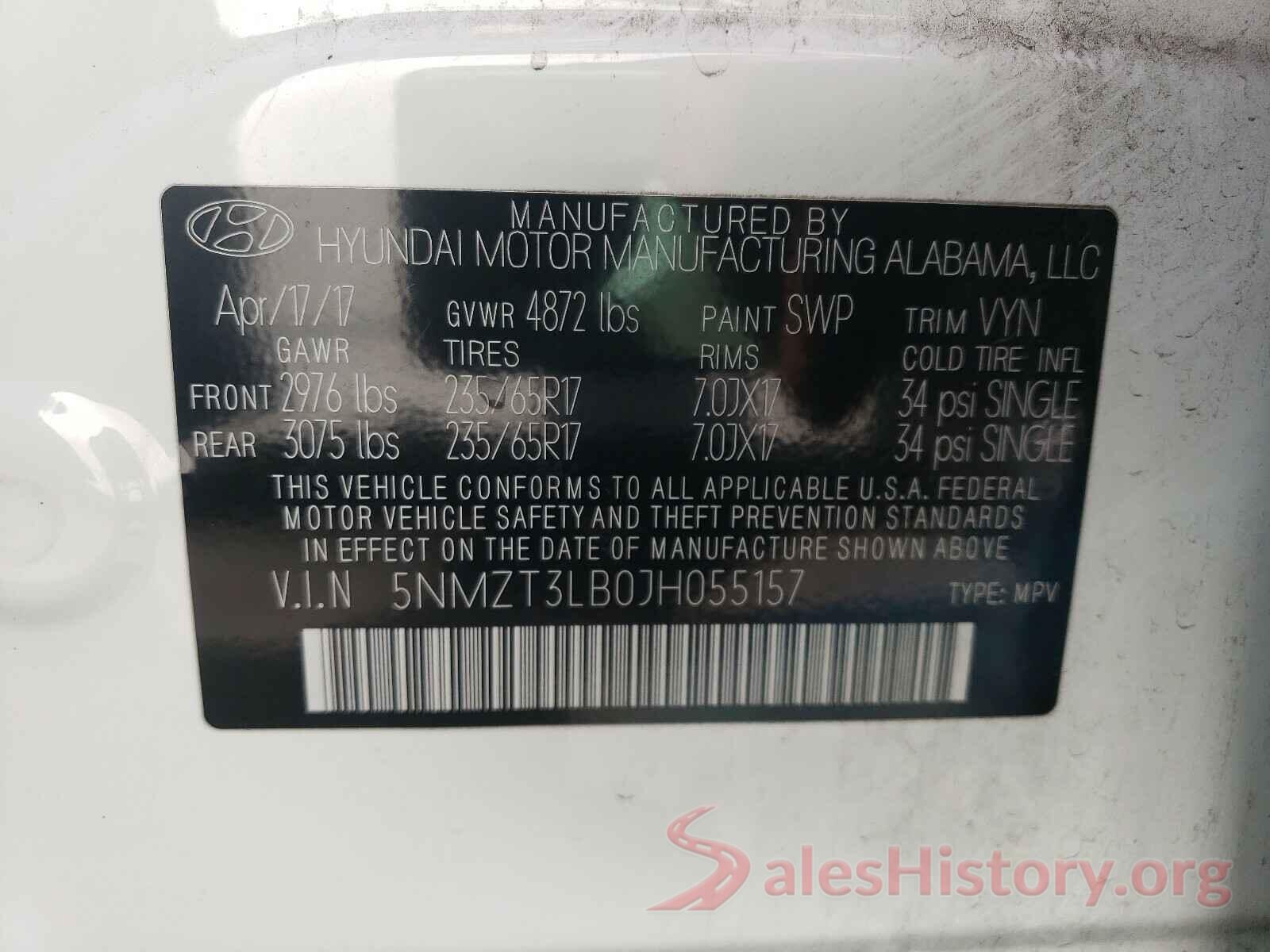 5NMZT3LB0JH055157 2018 HYUNDAI SANTA FE