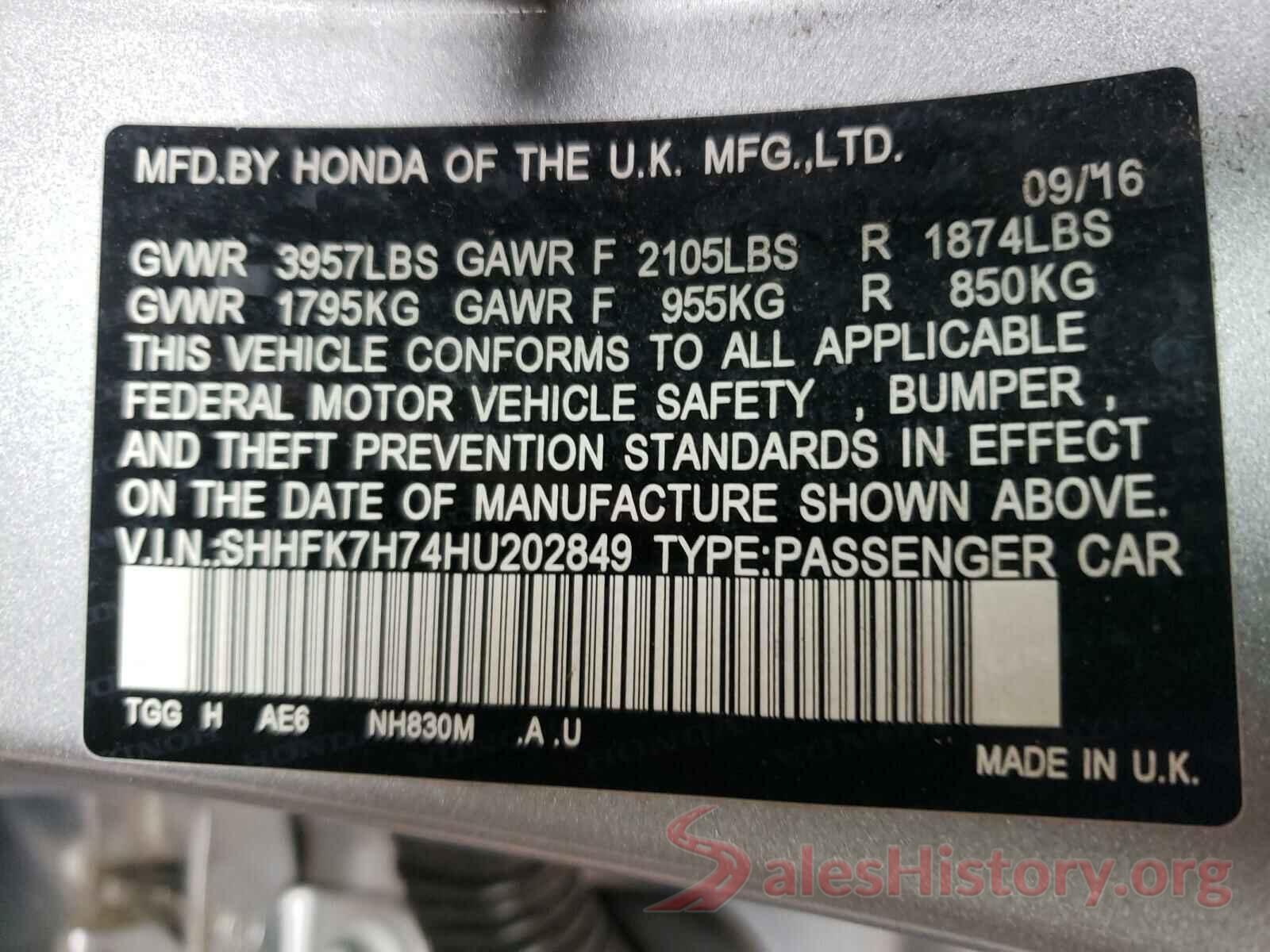 SHHFK7H74HU202849 2017 HONDA CIVIC