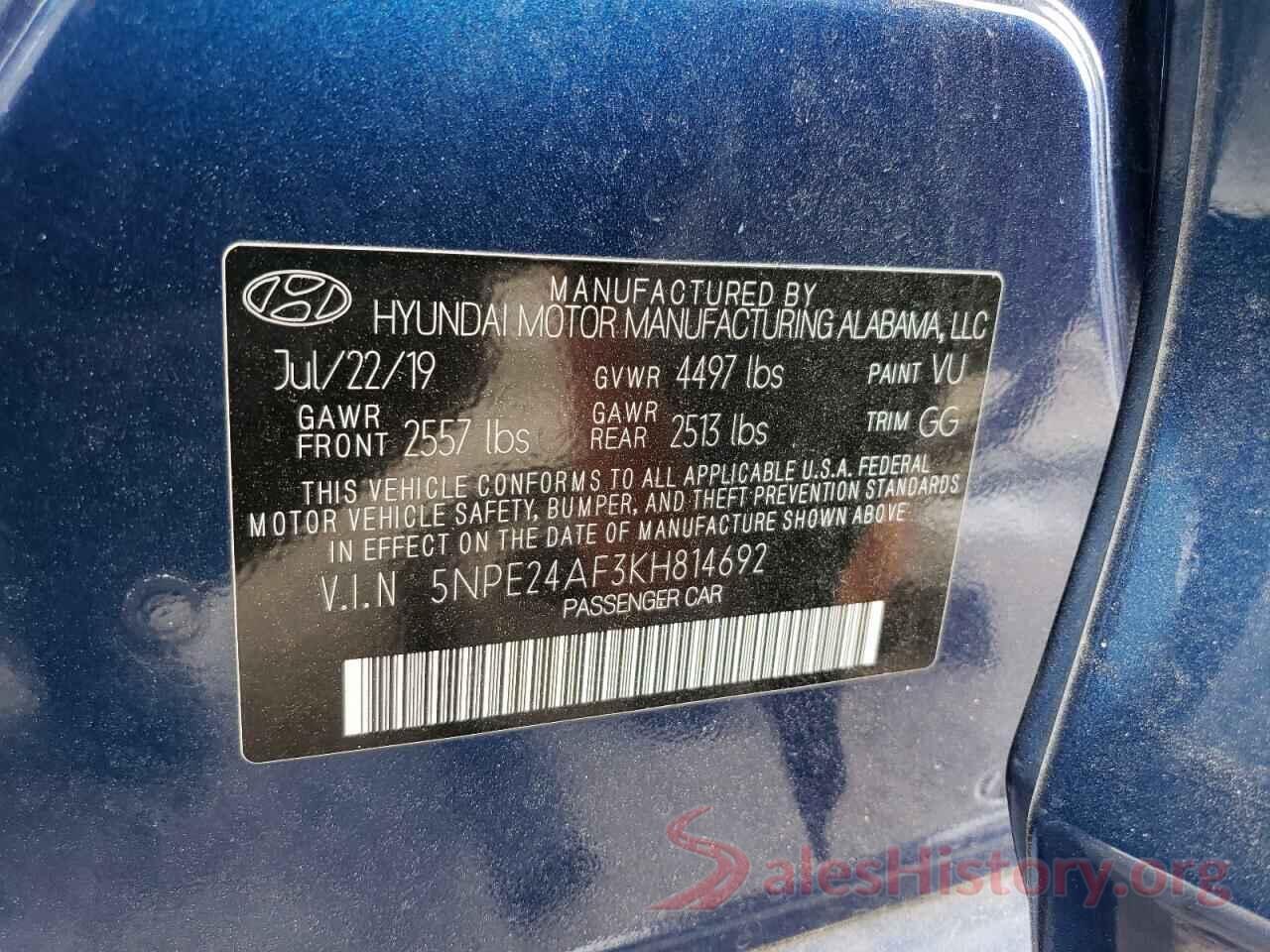 5NPE24AF3KH814692 2019 HYUNDAI SONATA