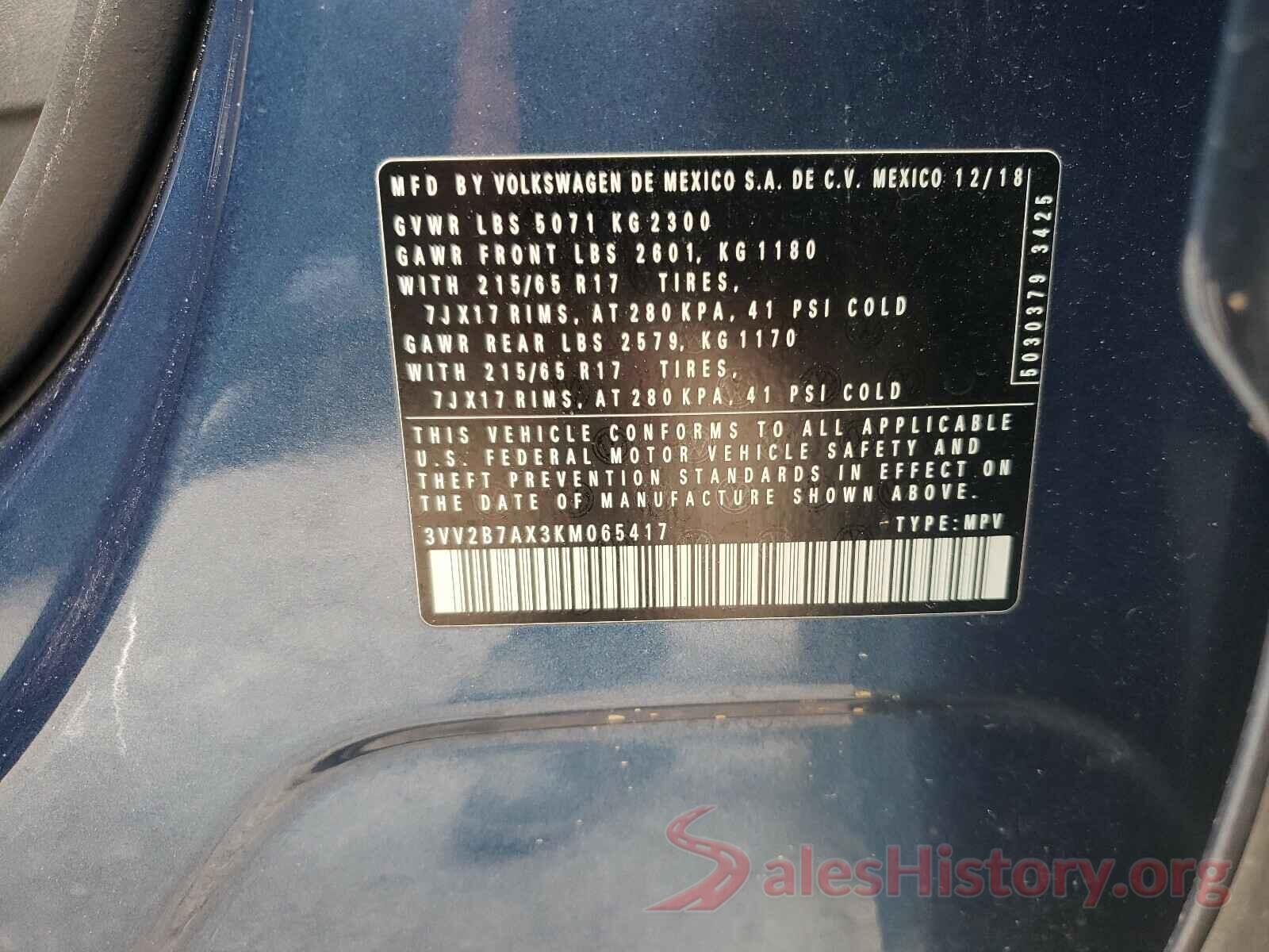 3VV2B7AX3KM065417 2019 VOLKSWAGEN TIGUAN