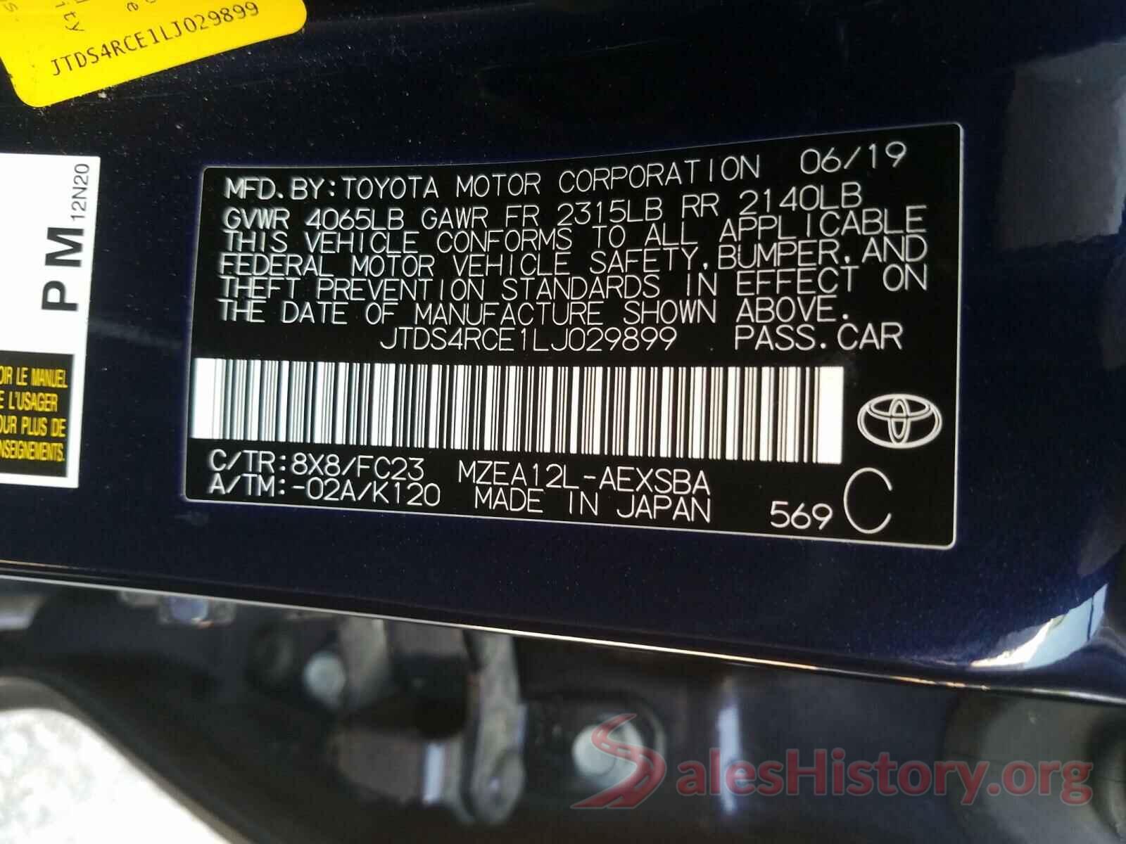 JTDS4RCE1LJ029899 2020 TOYOTA COROLLA