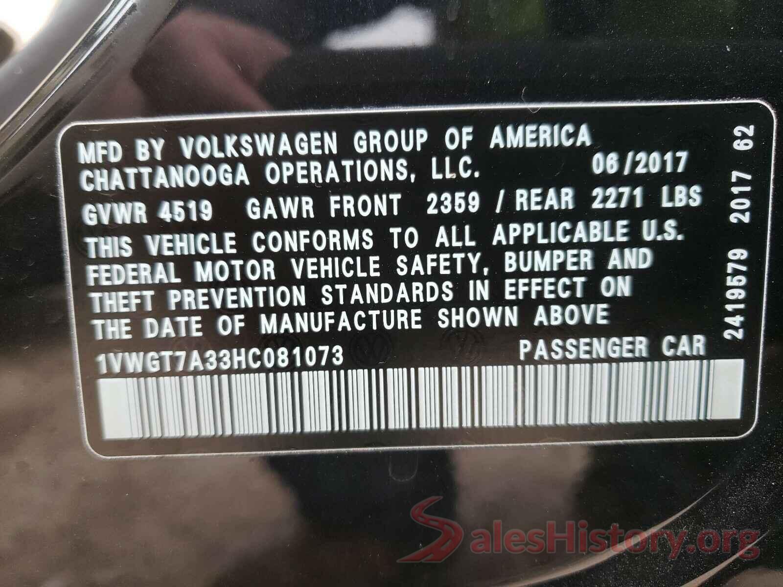 1VWGT7A33HC081073 2017 VOLKSWAGEN PASSAT