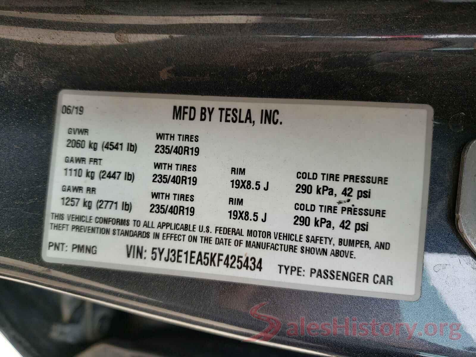 5YJ3E1EA5KF425434 2019 TESLA MODEL 3