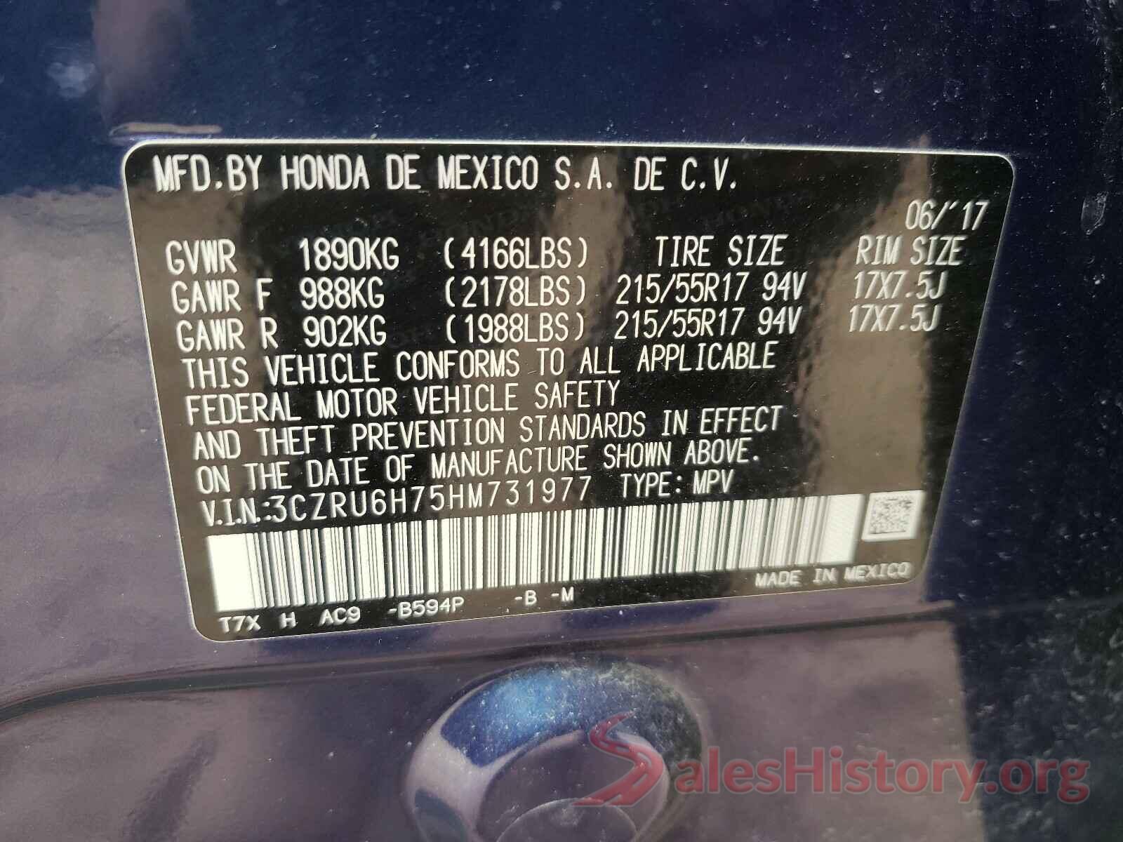 3CZRU6H75HM731977 2017 HONDA HR-V