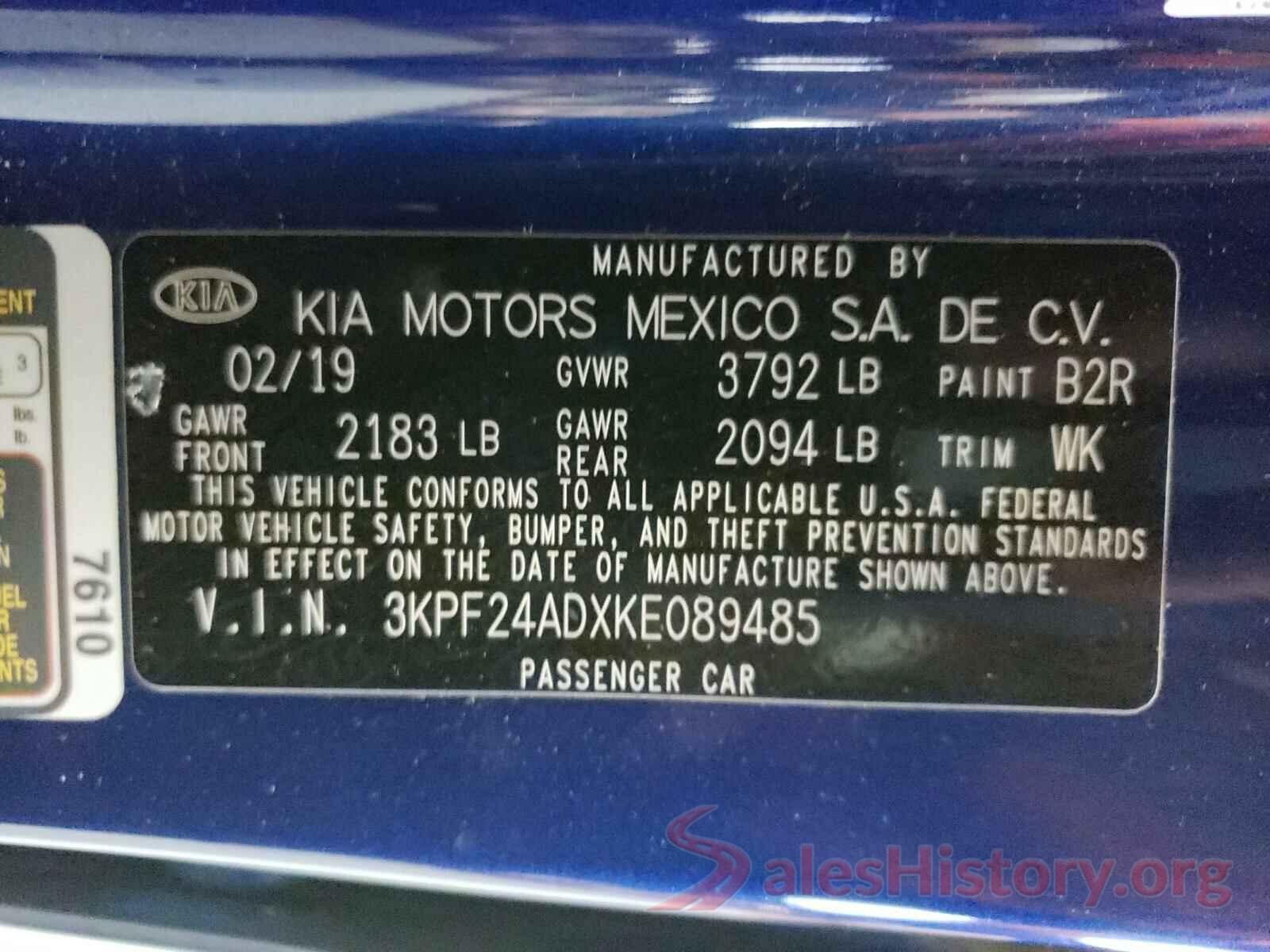 3KPF24ADXKE089485 2019 KIA FORTE