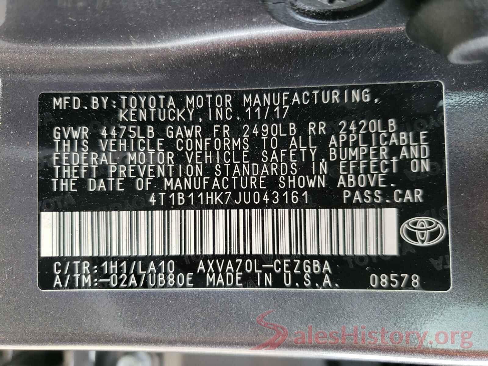 4T1B11HK7JU043161 2018 TOYOTA CAMRY