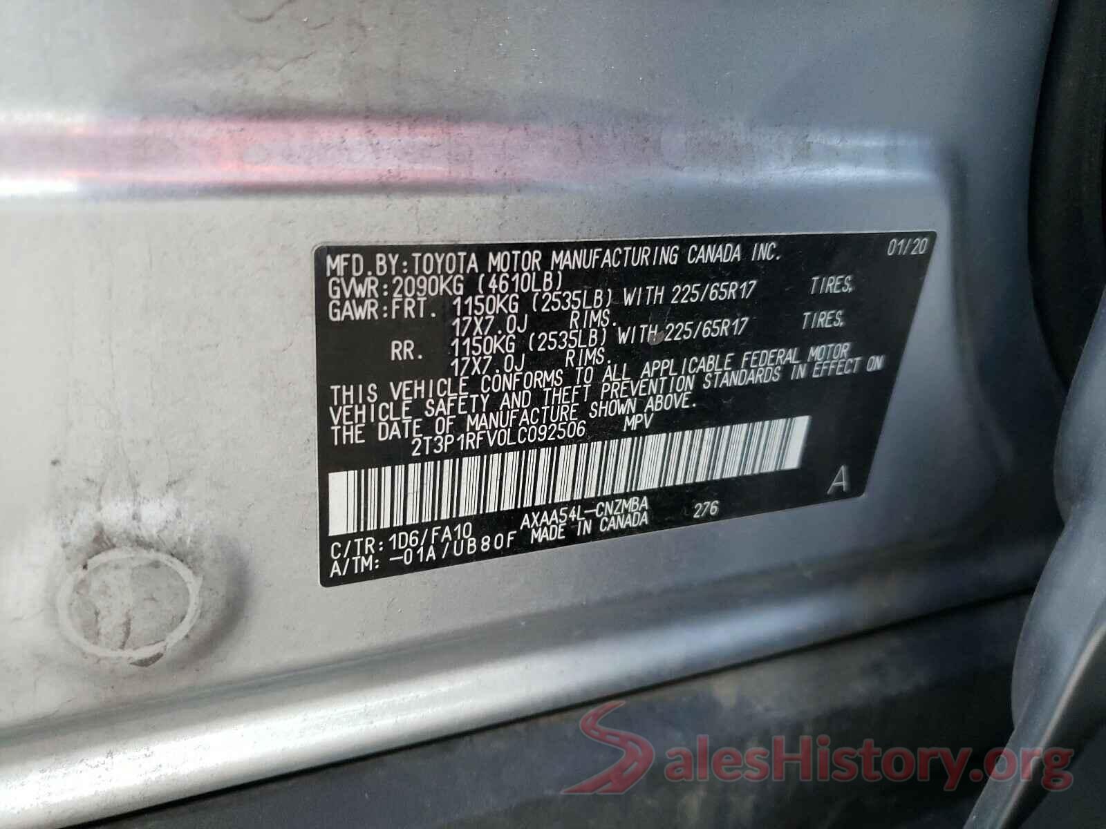 2T3P1RFV0LC092506 2020 TOYOTA RAV4