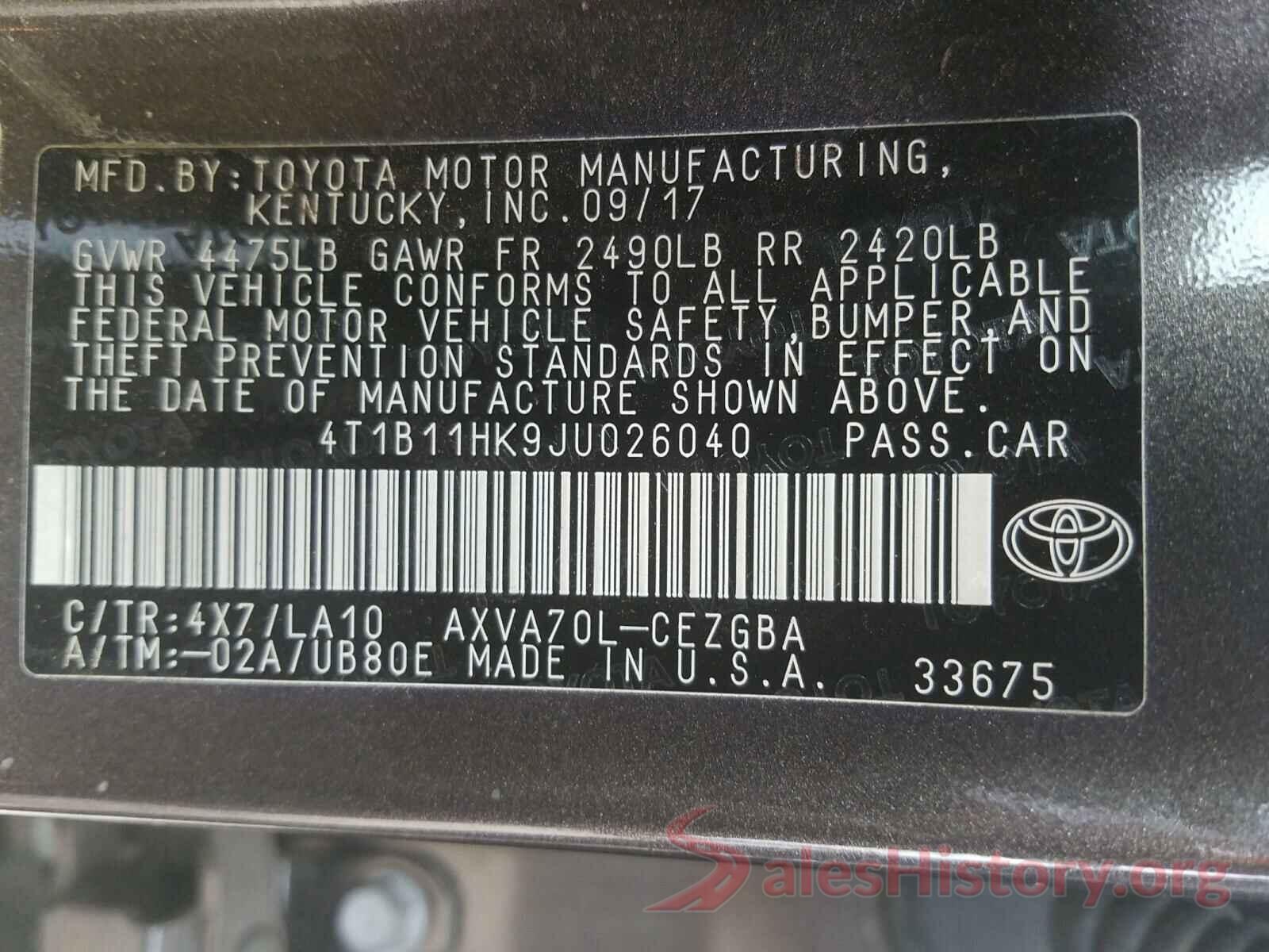 4T1B11HK9JU026040 2018 TOYOTA CAMRY