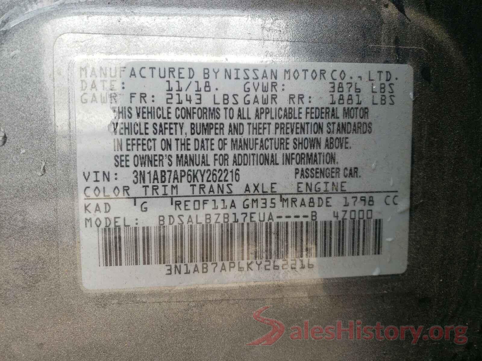 3N1AB7AP6KY262216 2019 NISSAN SENTRA