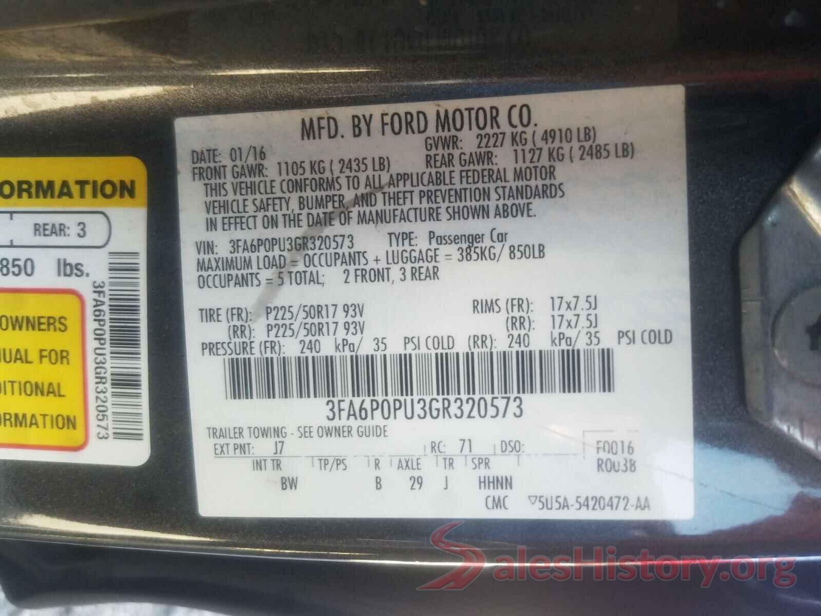 3FA6P0PU3GR320573 2016 FORD FUSION