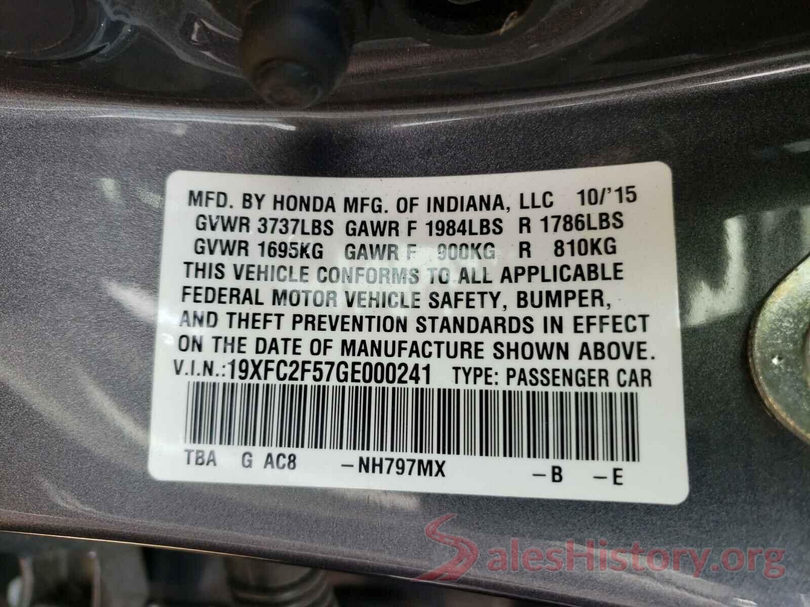 19XFC2F57GE000241 2016 HONDA CIVIC