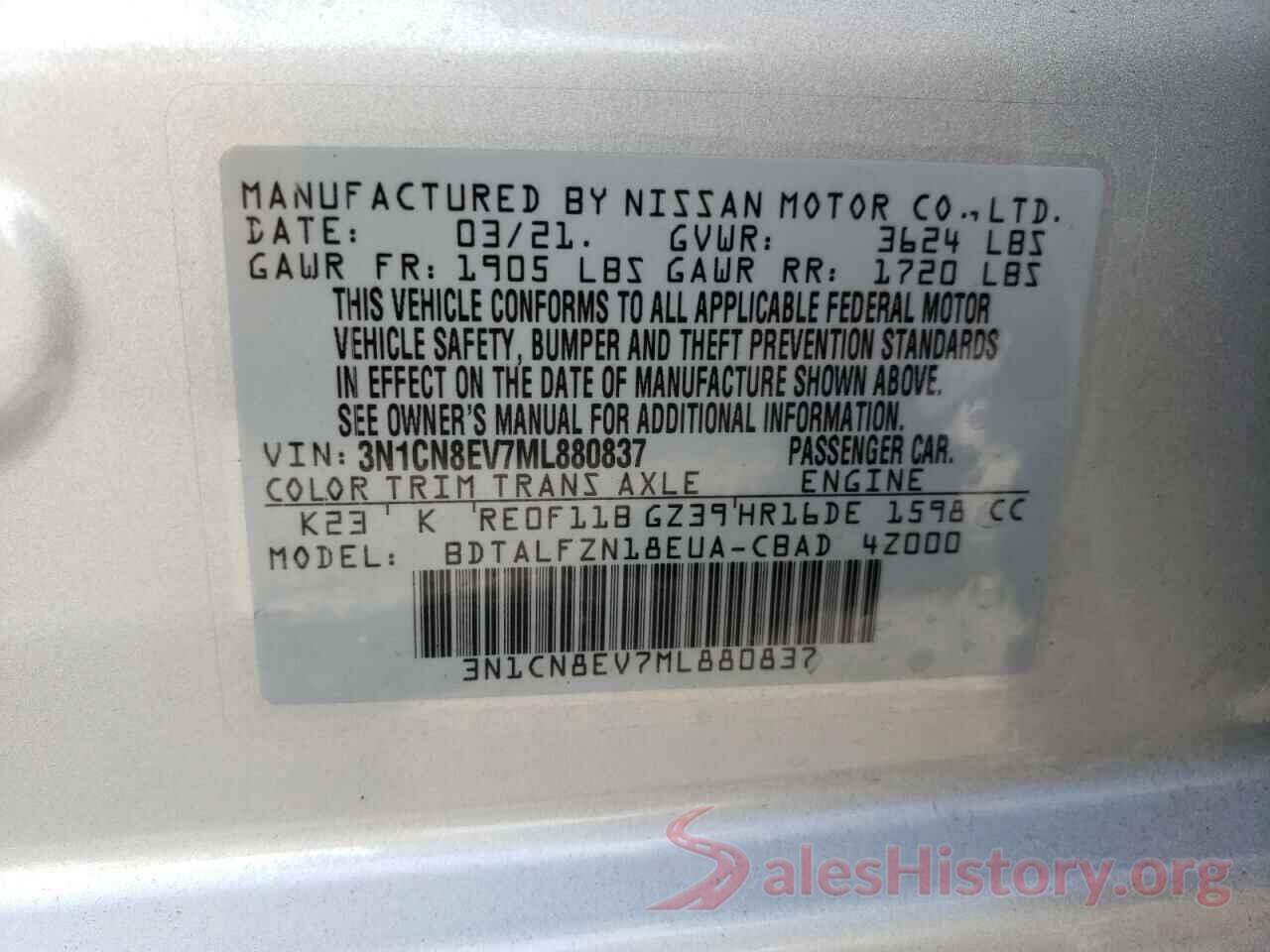 3N1CN8EV7ML880837 2021 NISSAN VERSA