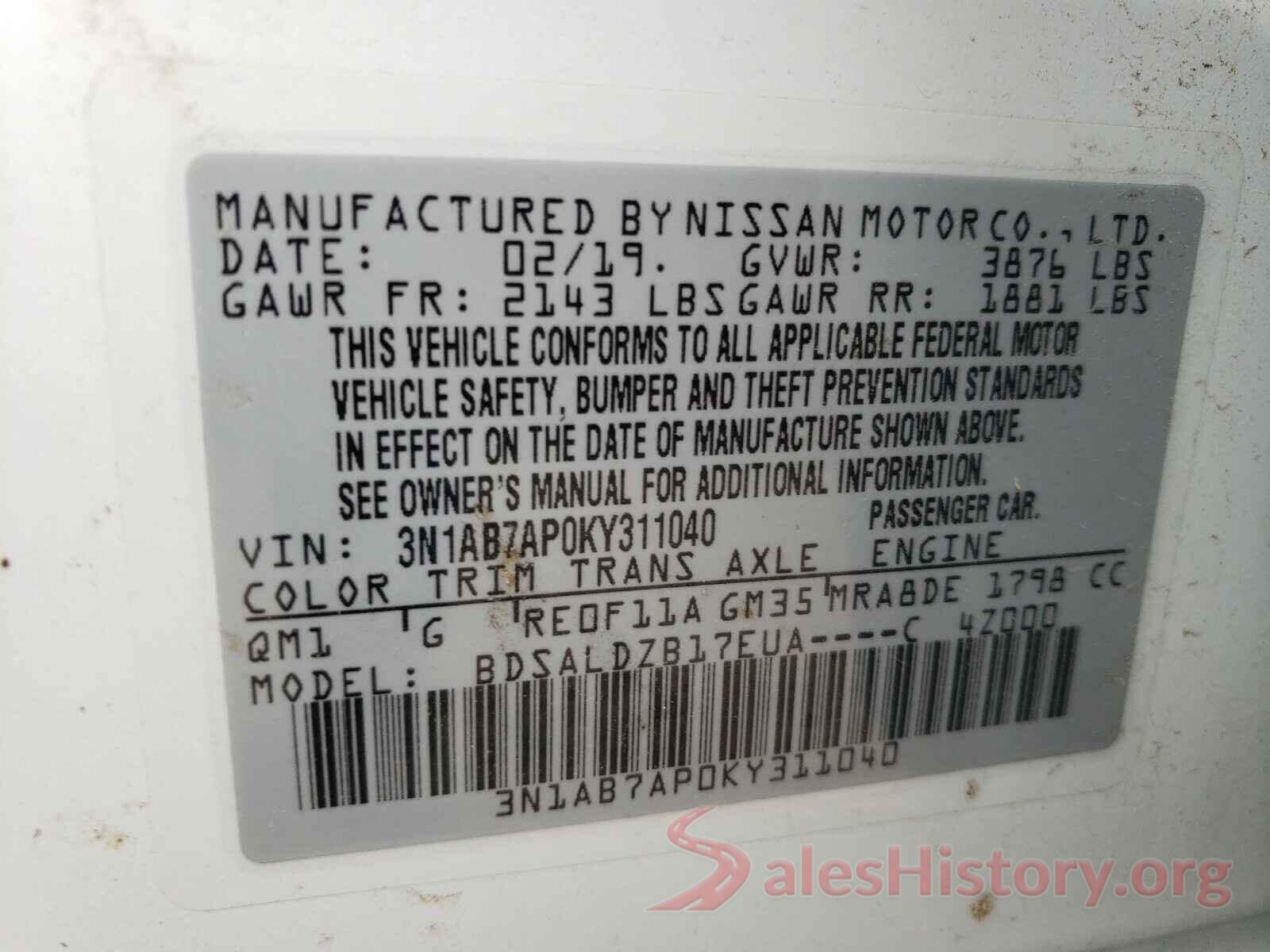 3N1AB7AP0KY311040 2019 NISSAN SENTRA