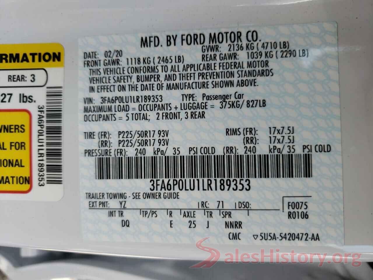 3FA6P0LU1LR189353 2020 FORD FUSION