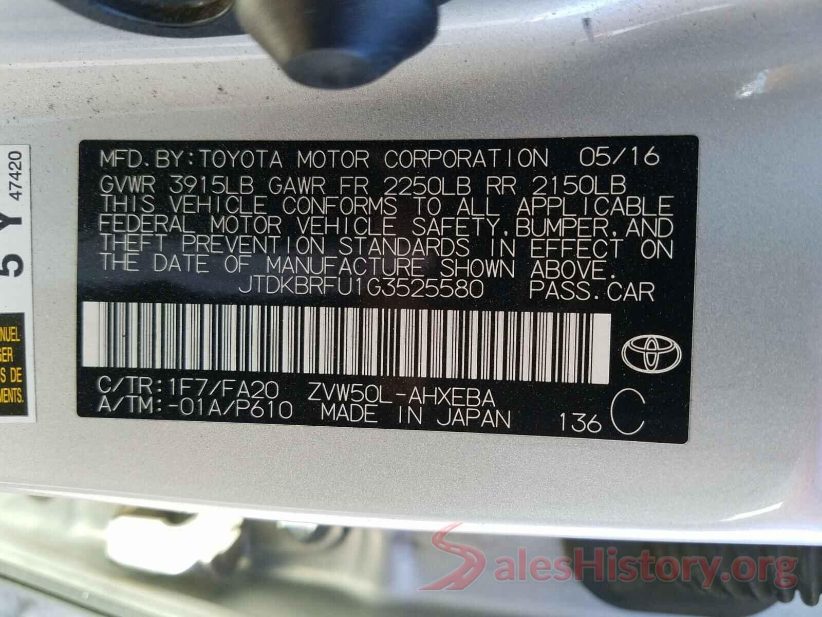 JTDKBRFU1G3525580 2016 TOYOTA PRIUS