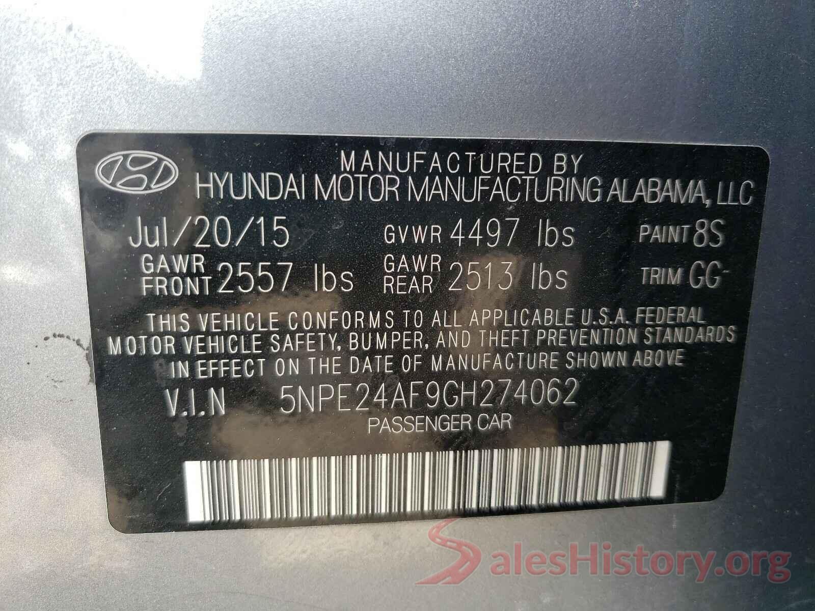 5NPE24AF9GH274062 2016 HYUNDAI SONATA