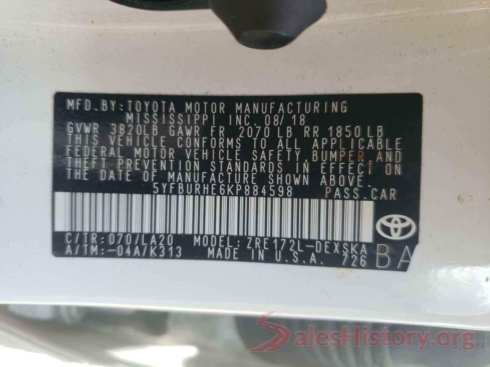 5YFBURHE6KP884598 2019 TOYOTA COROLLA