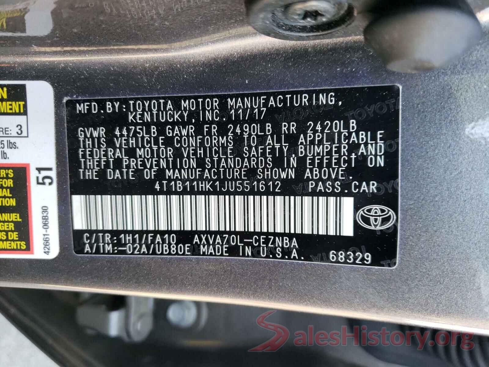 4T1B11HK1JU551612 2018 TOYOTA CAMRY