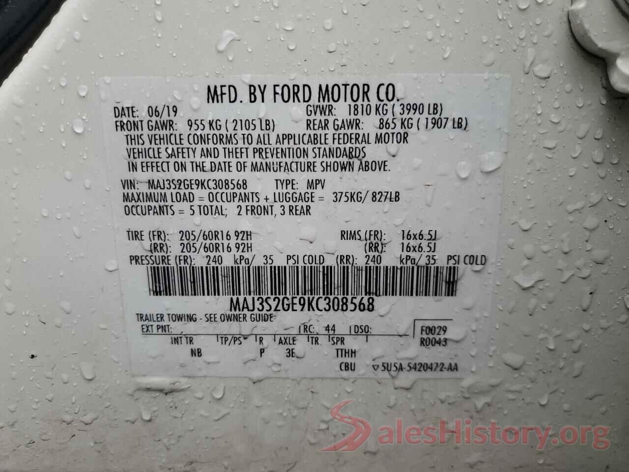 MAJ3S2GE9KC308568 2019 FORD ECOSPORT