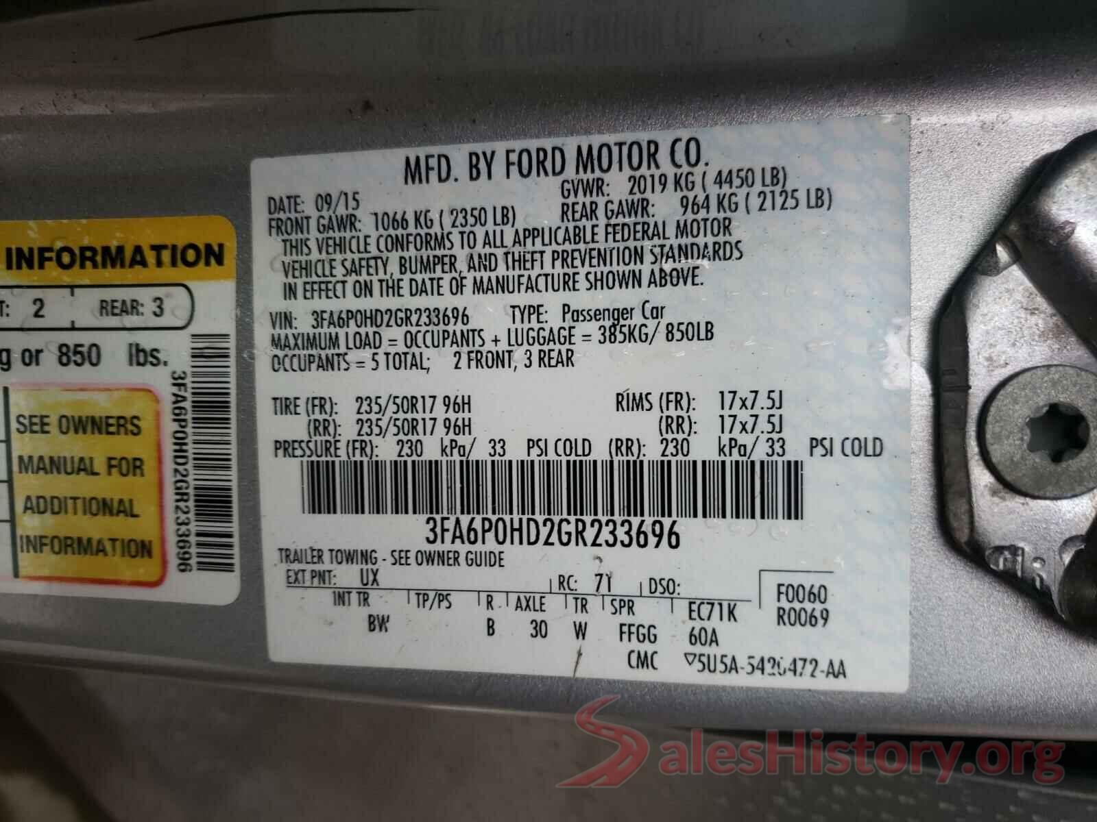 3FA6P0HD2GR233696 2016 FORD FUSION